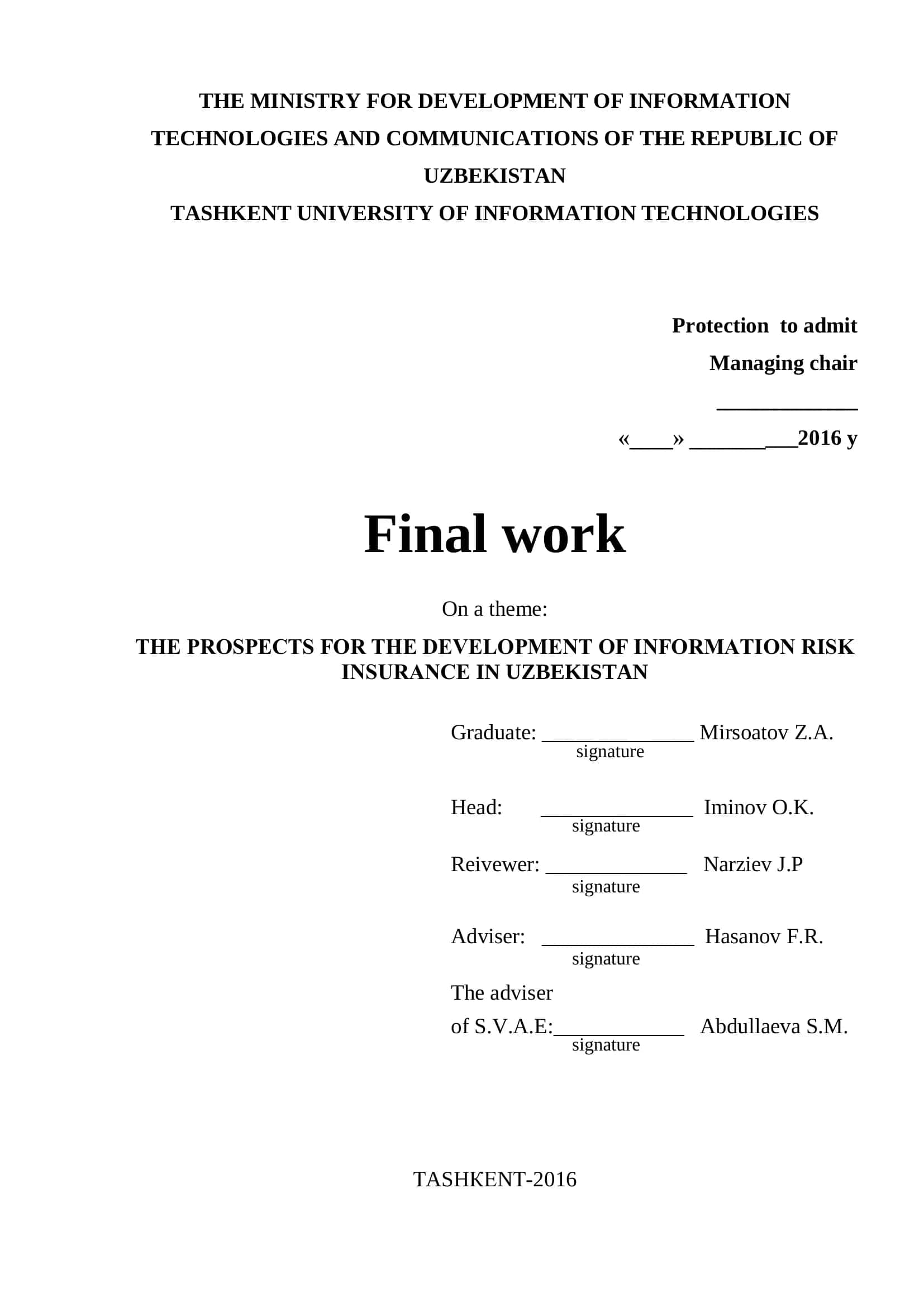 Prospects for the Development of Information Risk Insurance in Uzbekistan
