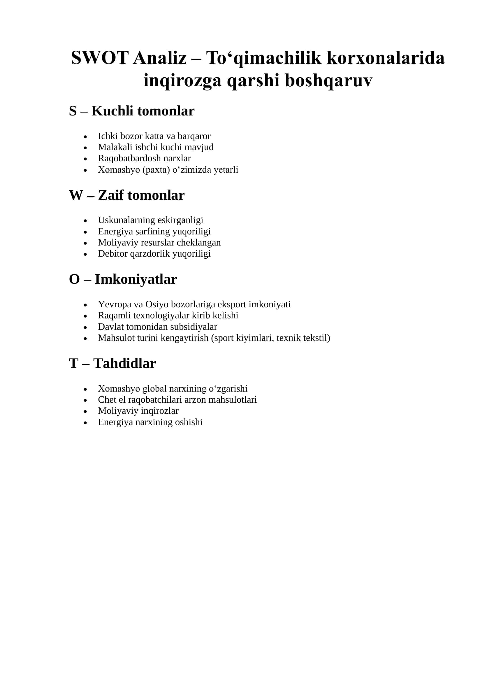SWOT Analiz – To‘qimachilik korxonalarida inqirozga qarshi boshqaruv