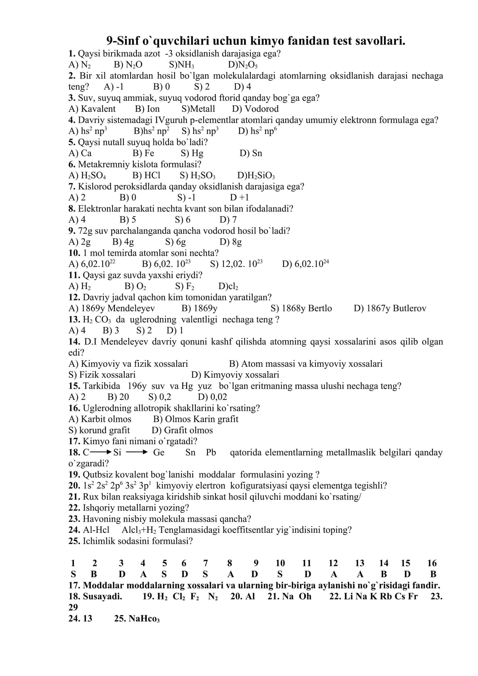9-Sinf o`quvchilari uchun kimyo fanidan test savollari