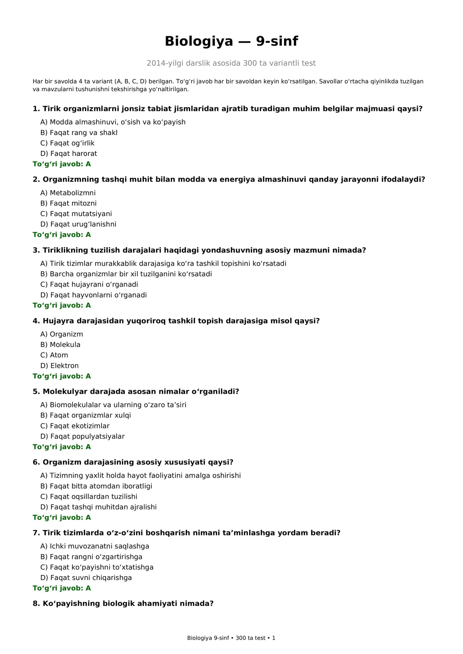 9-SINF BIOLOGIYA — 300 TA TEST + JAVOBLAR