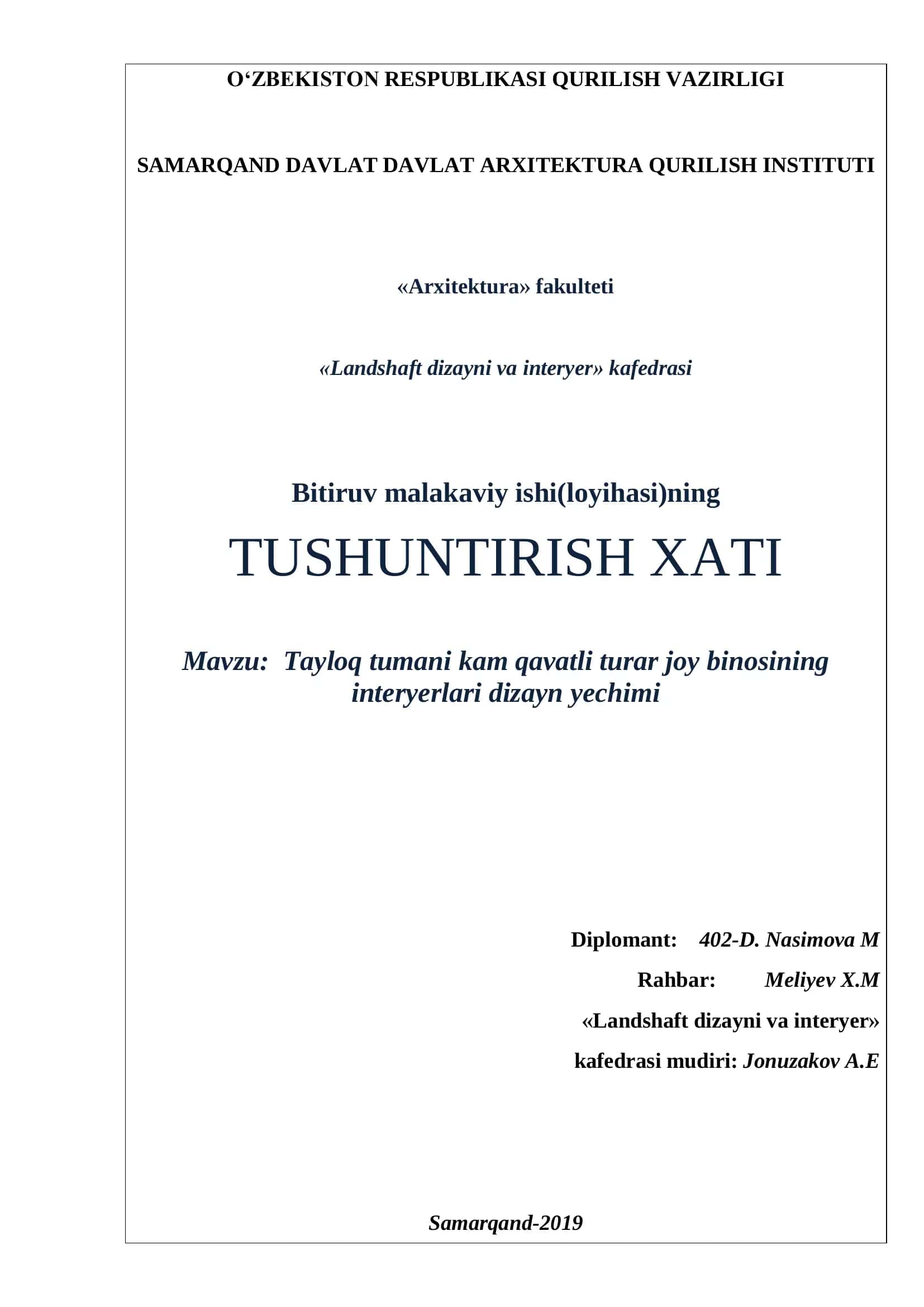 Tayloq tumani kam qavatli turar joy binosining interyerlari dizayn yechimi