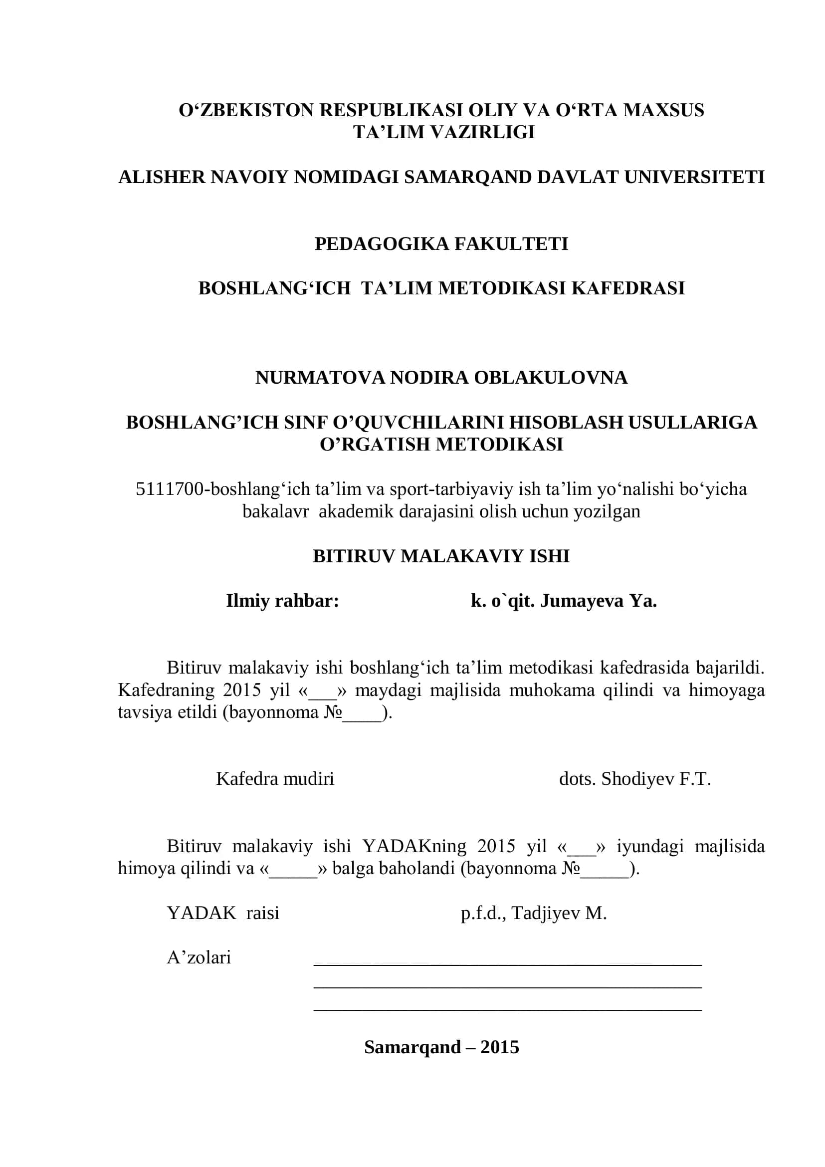 BOSHLANG’ICH SINF O’QUVCHILARINI HISOBLASH USULLARIGA O’RGATISH METODIKASI