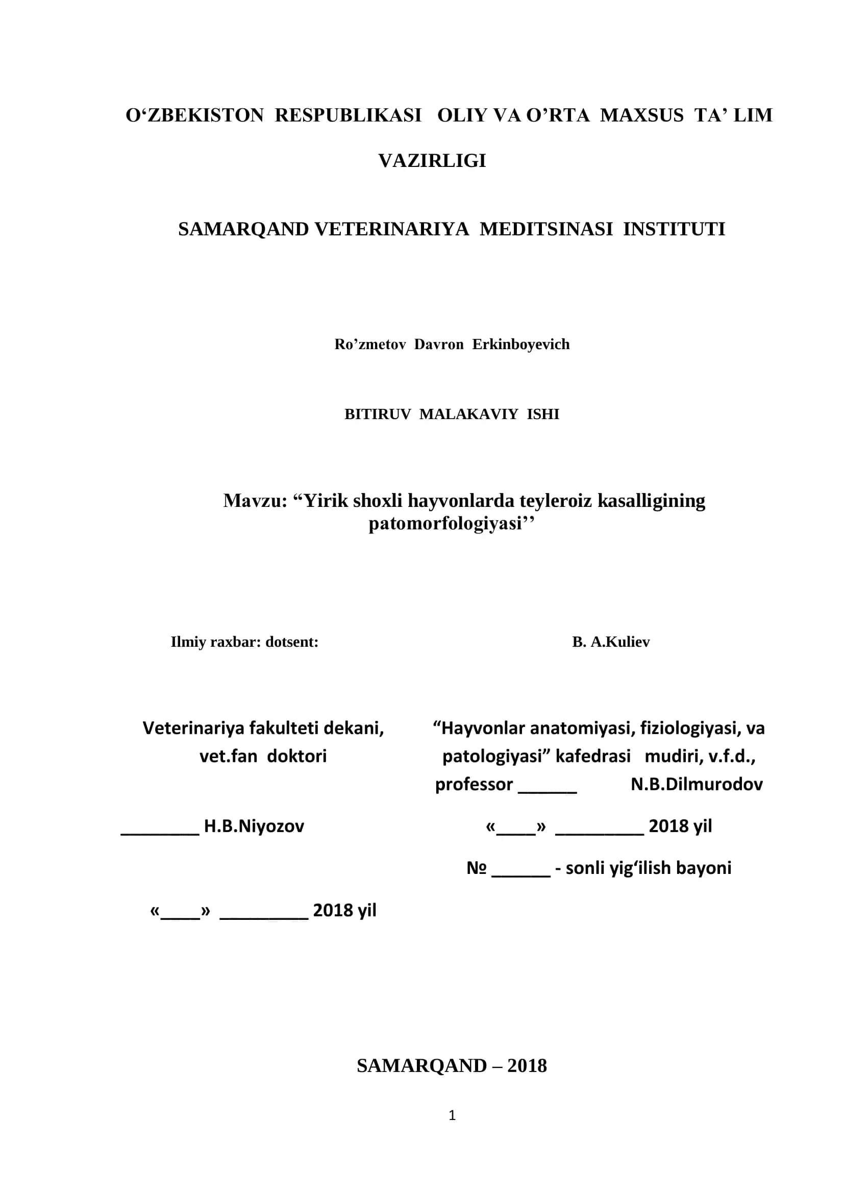 “Yirik shoxli hayvonlarda teyleroiz kasalligining patomorfologiyasi”