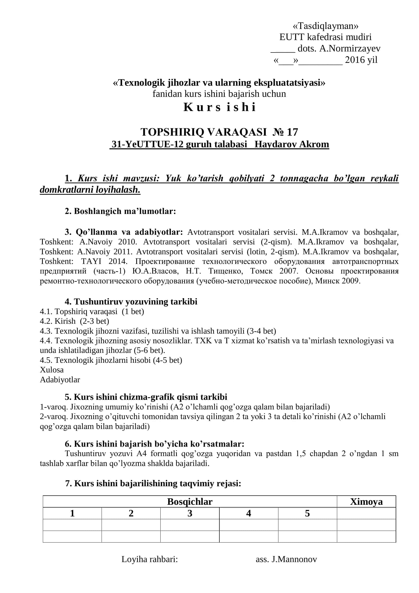 Yuk ko’tarish qobilyati 2 tonnagacha bo’lgan reykali domkratlarni loyihalash