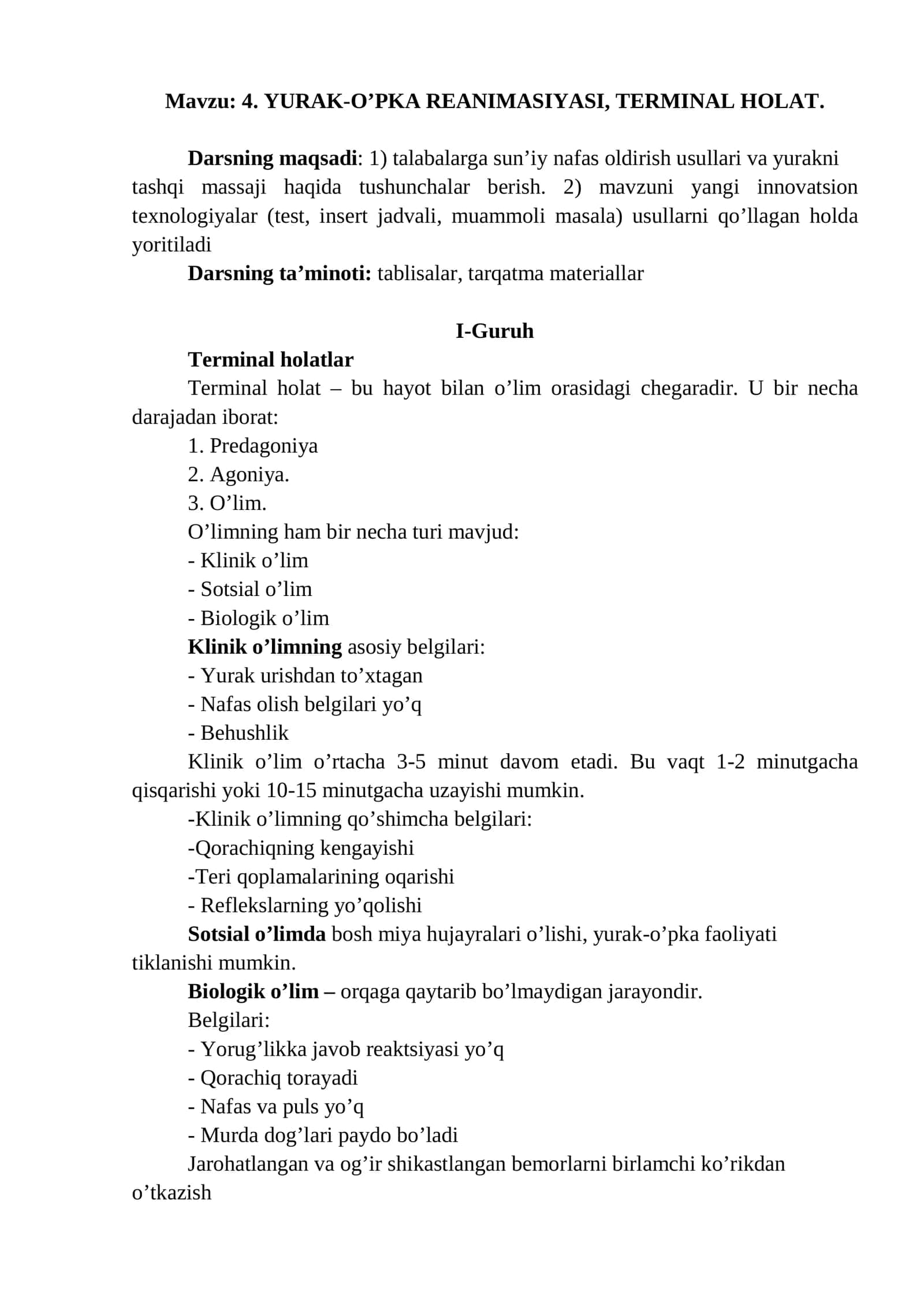 4. YURAK-O’PKA REANIMASIYASI, TERMINAL HOLAT