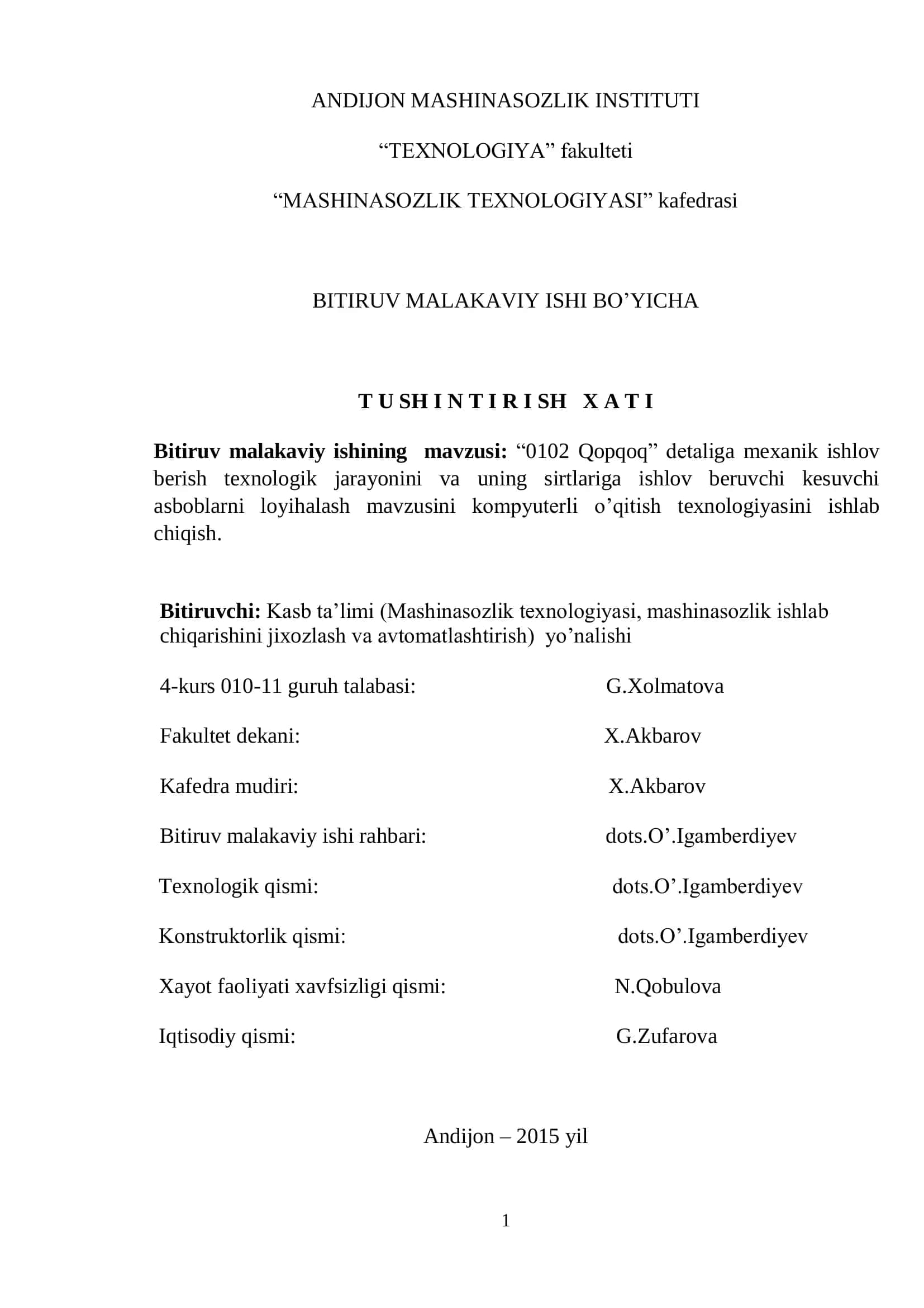 BITIRUV MALAKAVIY ISHI BO’YICHA T U SH I N T I R I SH X A T I