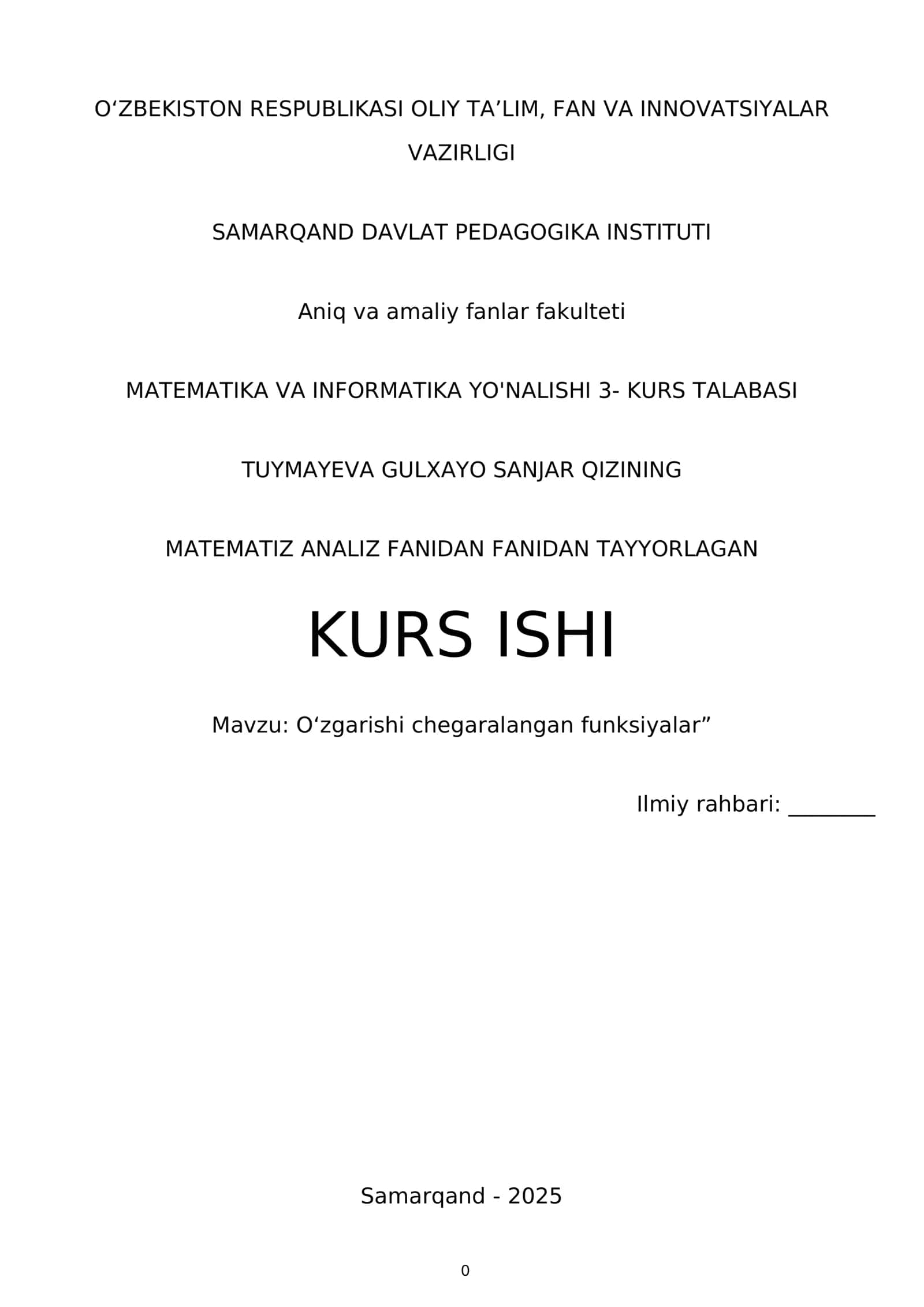 MATEMATIZ ANALIZ FANIDAN FANIDAN TAYYORLAGAN KURS ISHI