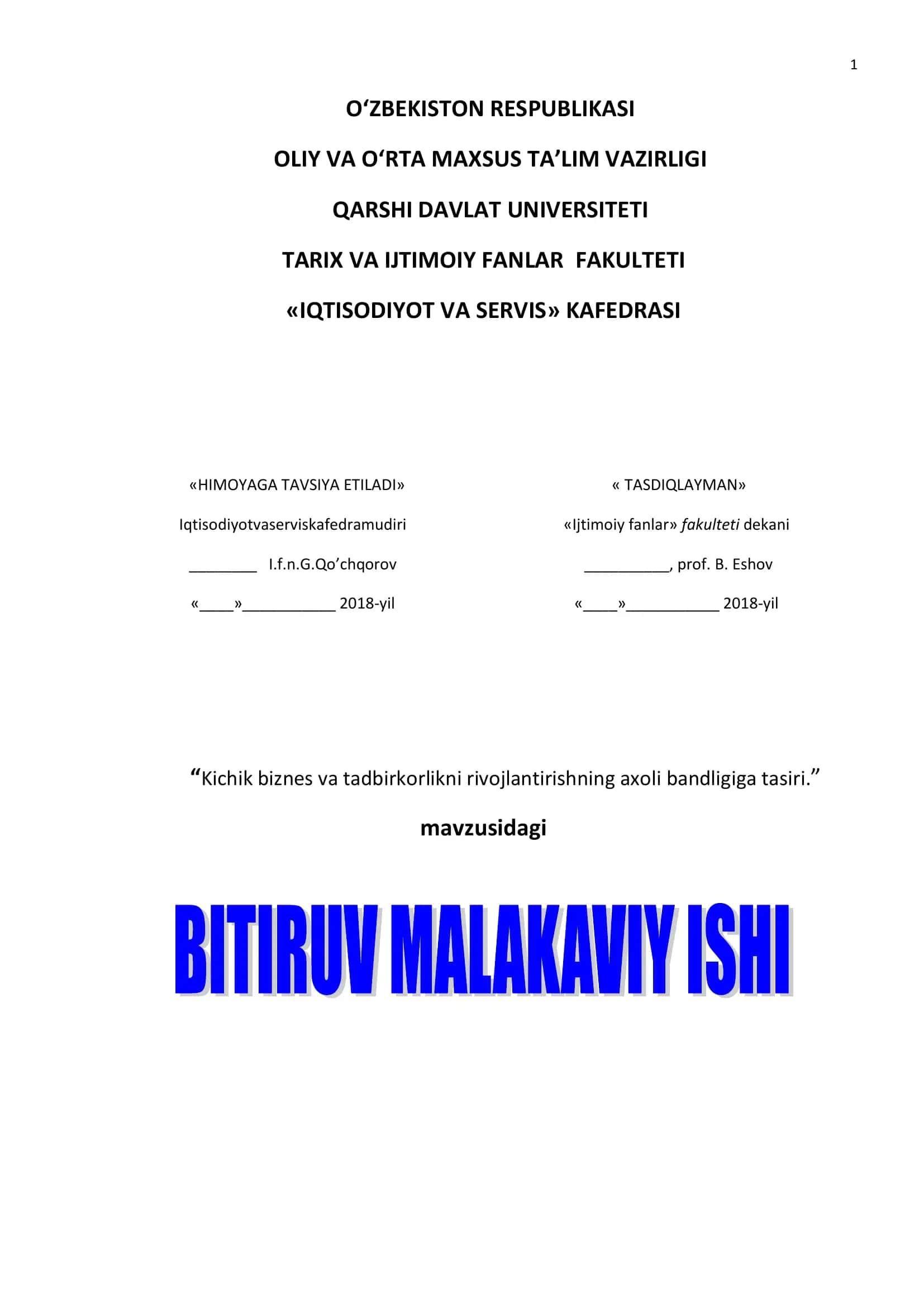 Tadbirkorlikni rivojlantirishning axoli bandligiga tasiri