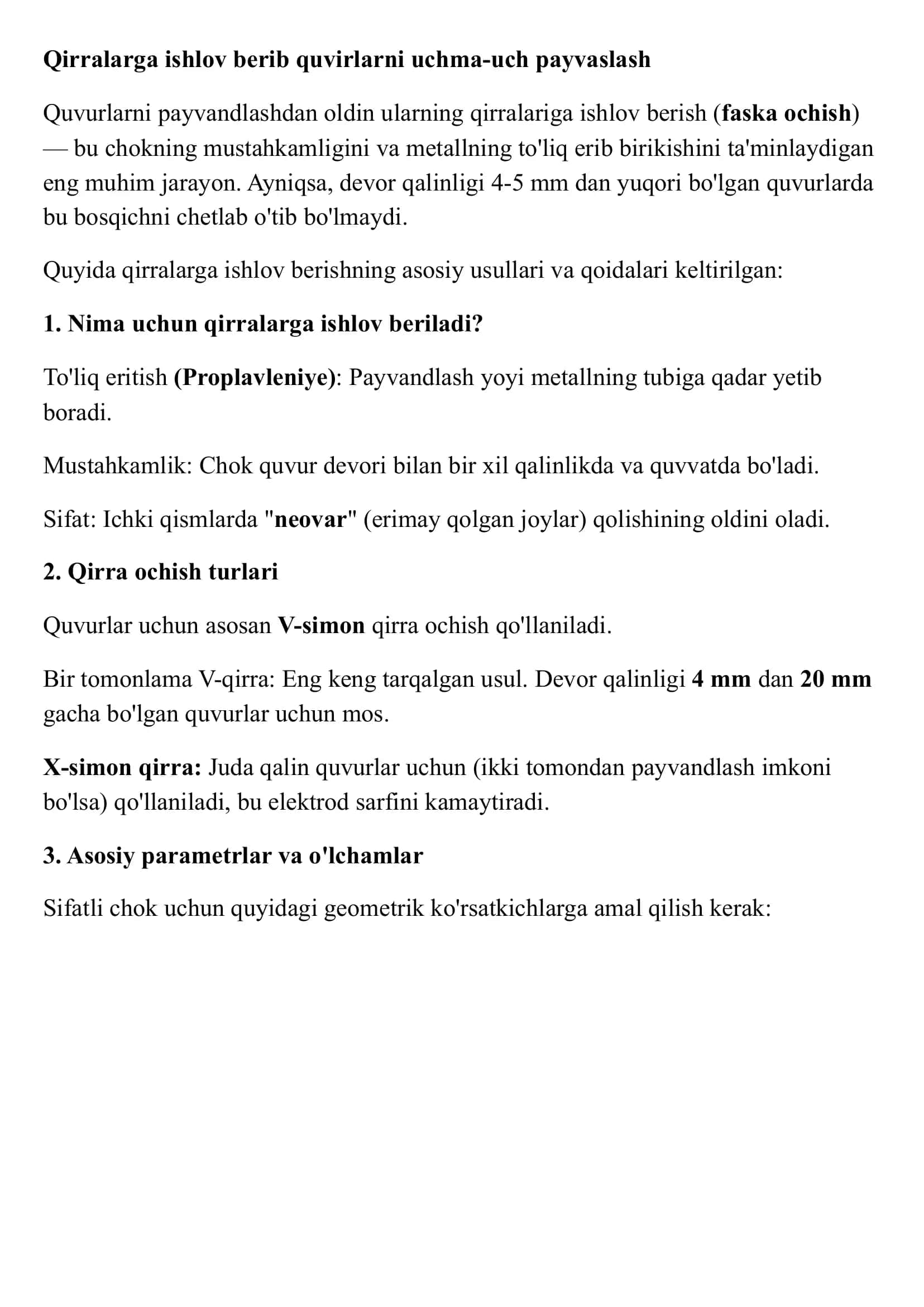 Qirralarga ishlov berib quvirlarni uchma-uch payvaslash