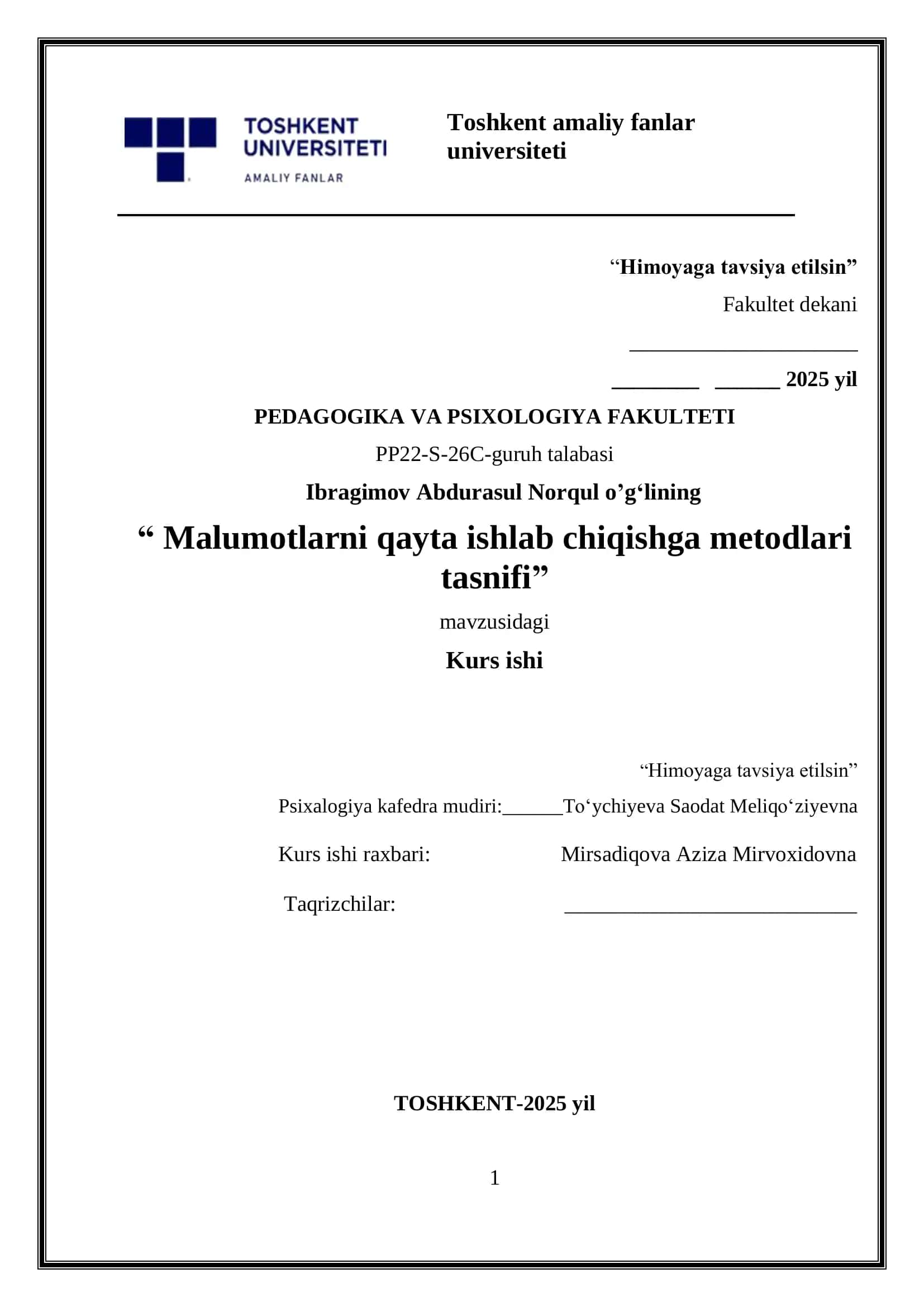 Ma’lumotlarni qayta ishlab chiqishga metodlari tasnifi