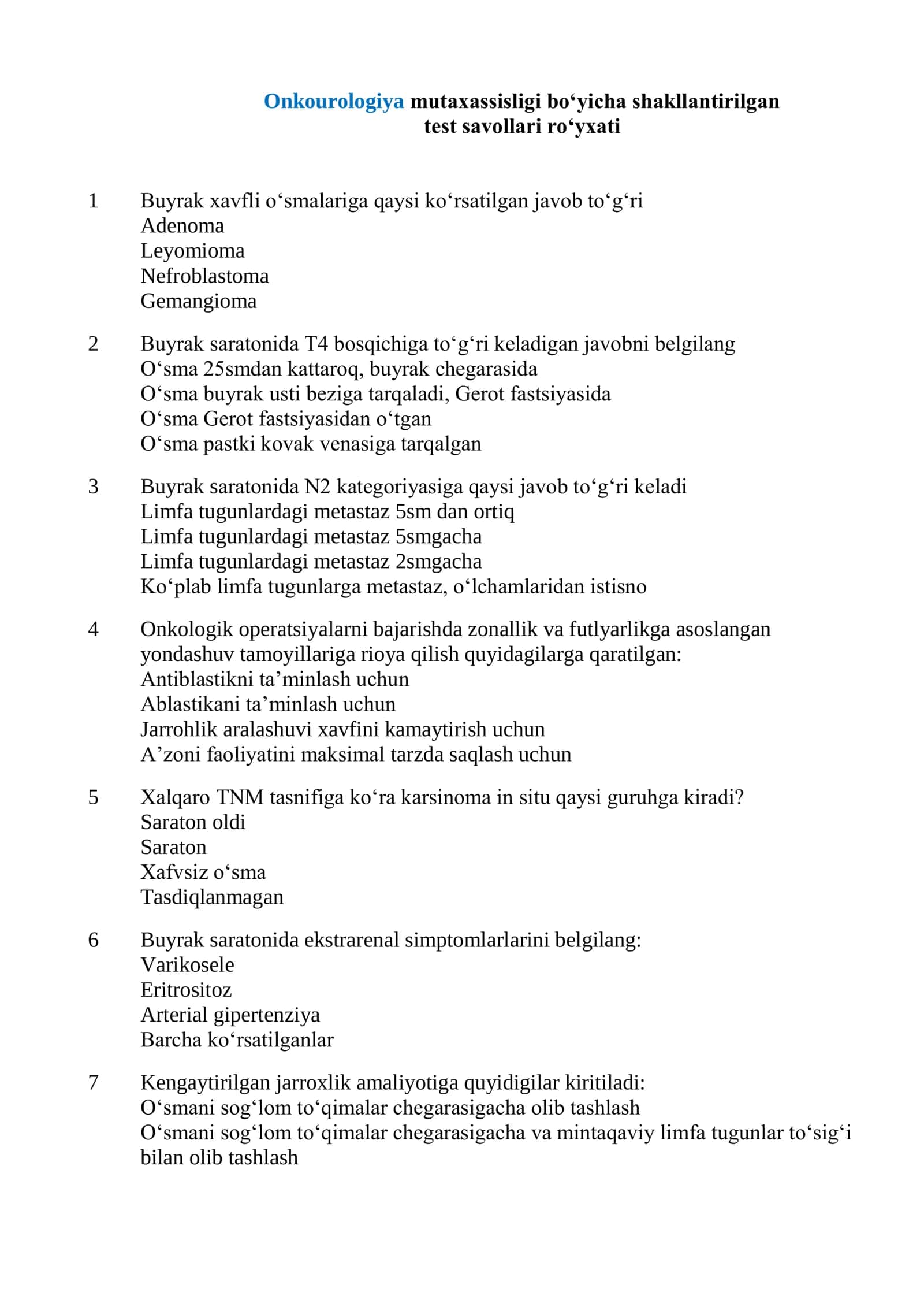 Onkourologiya mutaxassisligi boʻyicha shakllantirilgan test savollari roʻyxati 2026