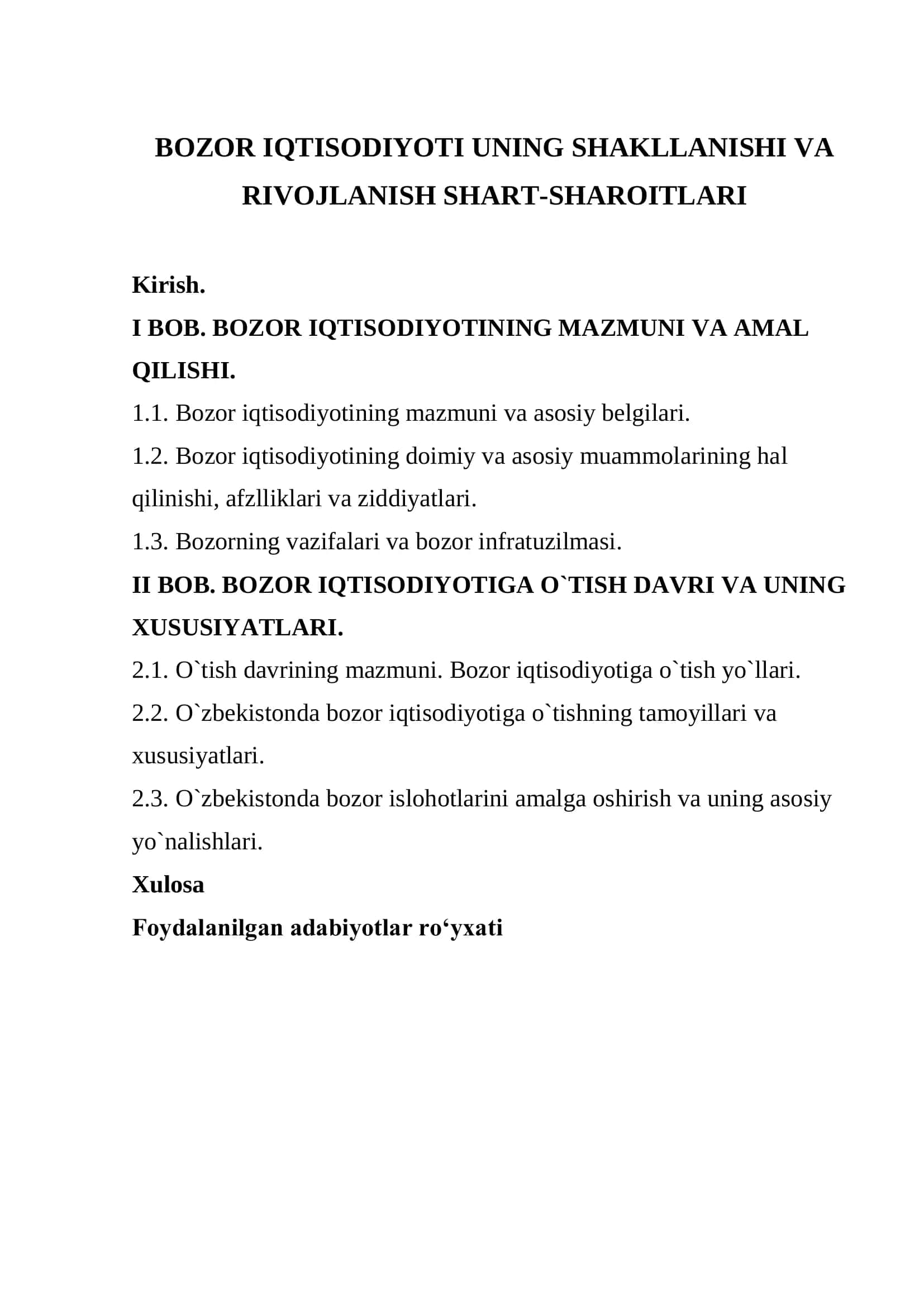 BOZOR IQTISODIYOTI UNING SHAKLLANISHI VA RIVOJLANISH SHART-SHAROITLARI