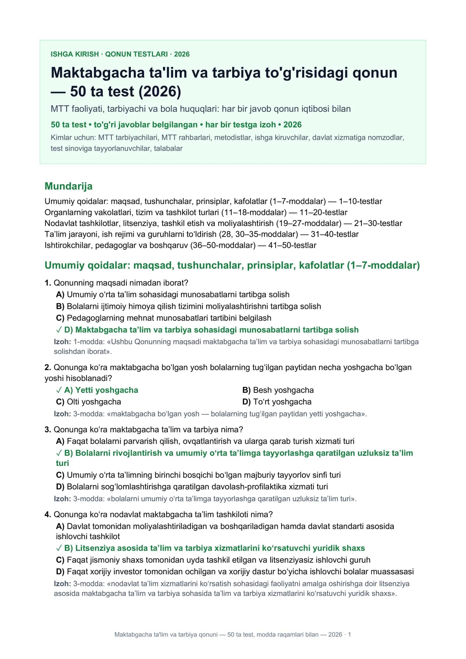 Maktabgacha ta'lim va tarbiya qonuni — 50 ta test