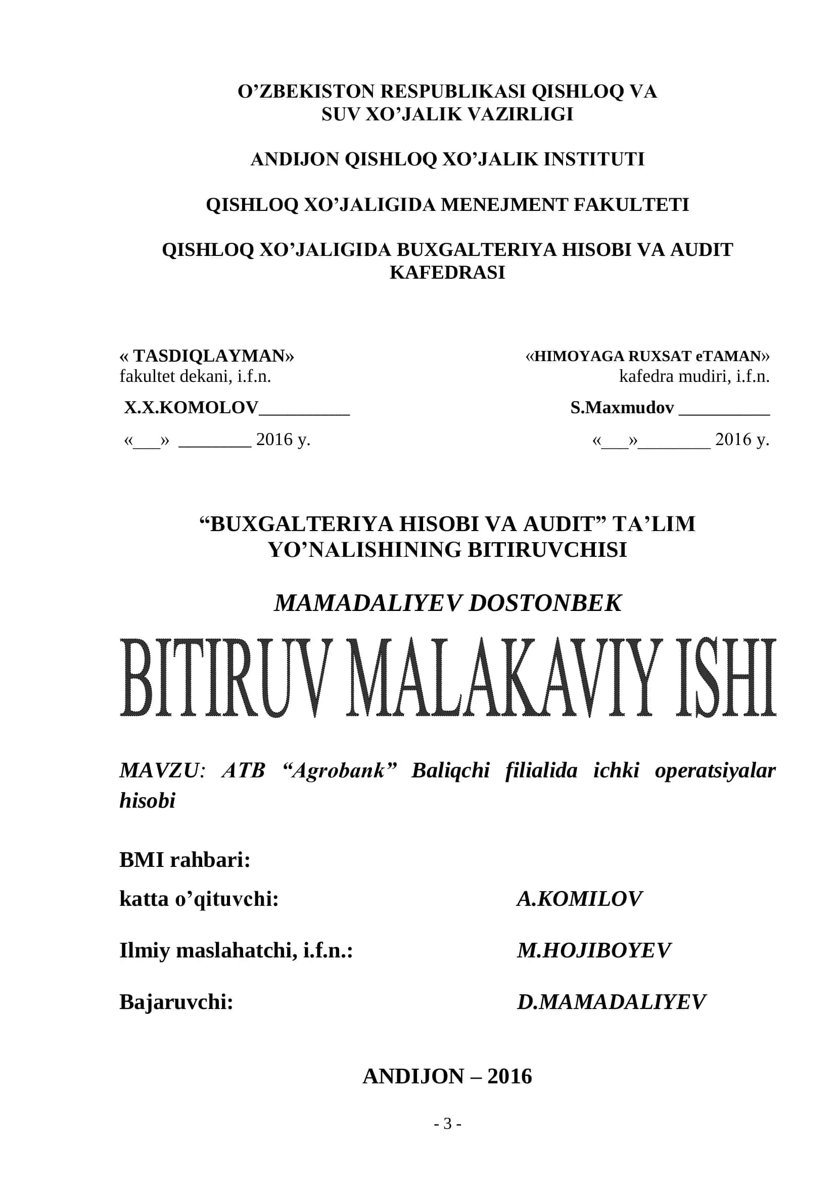 ATB “Agrobank” Baliqchi filialida ichki operatsiyalar hisobi