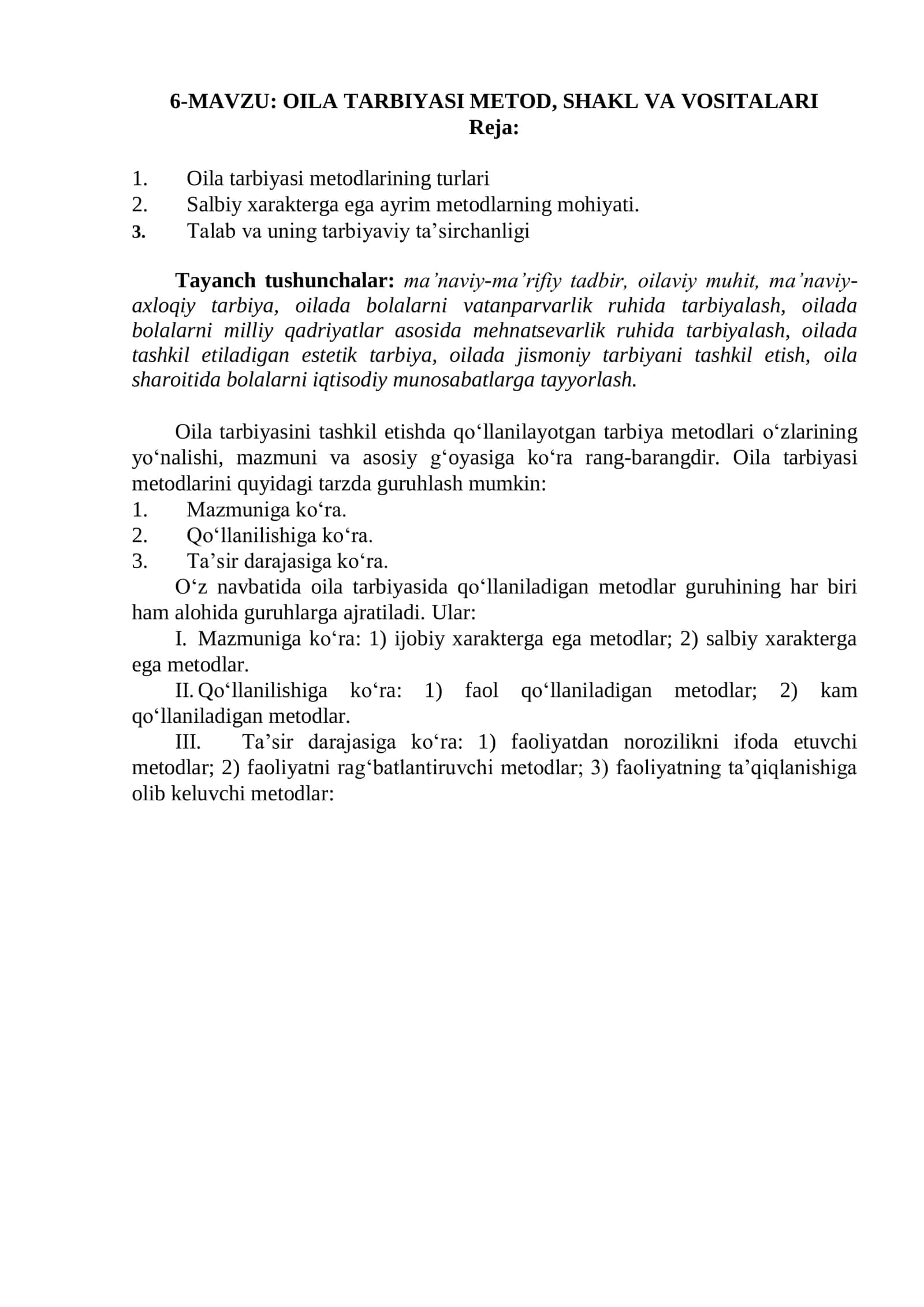 OILA TARBIYASI METOD, SHAKL VA VOSITALARI
