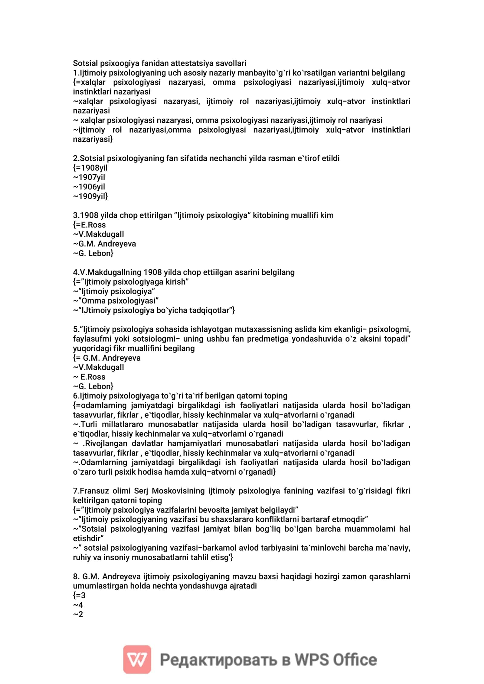 Sotsial psixoogiya fanidan attestatsiya savollari