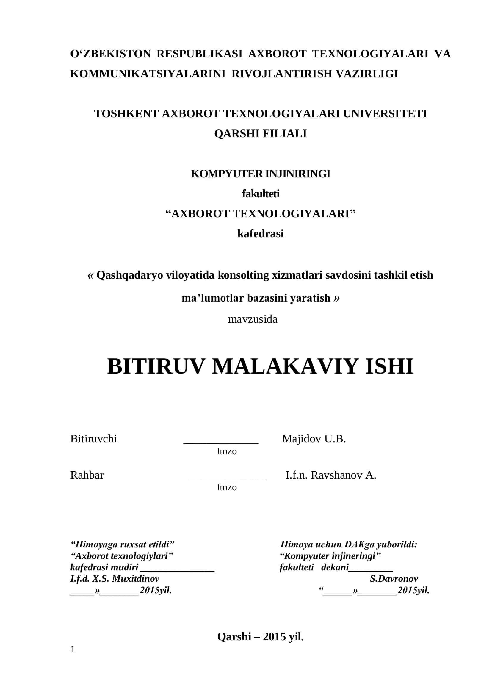 "Konsalting xizmatlar marketingi savdosini tashkil etish ma’lumotlar bazasini yaratish"