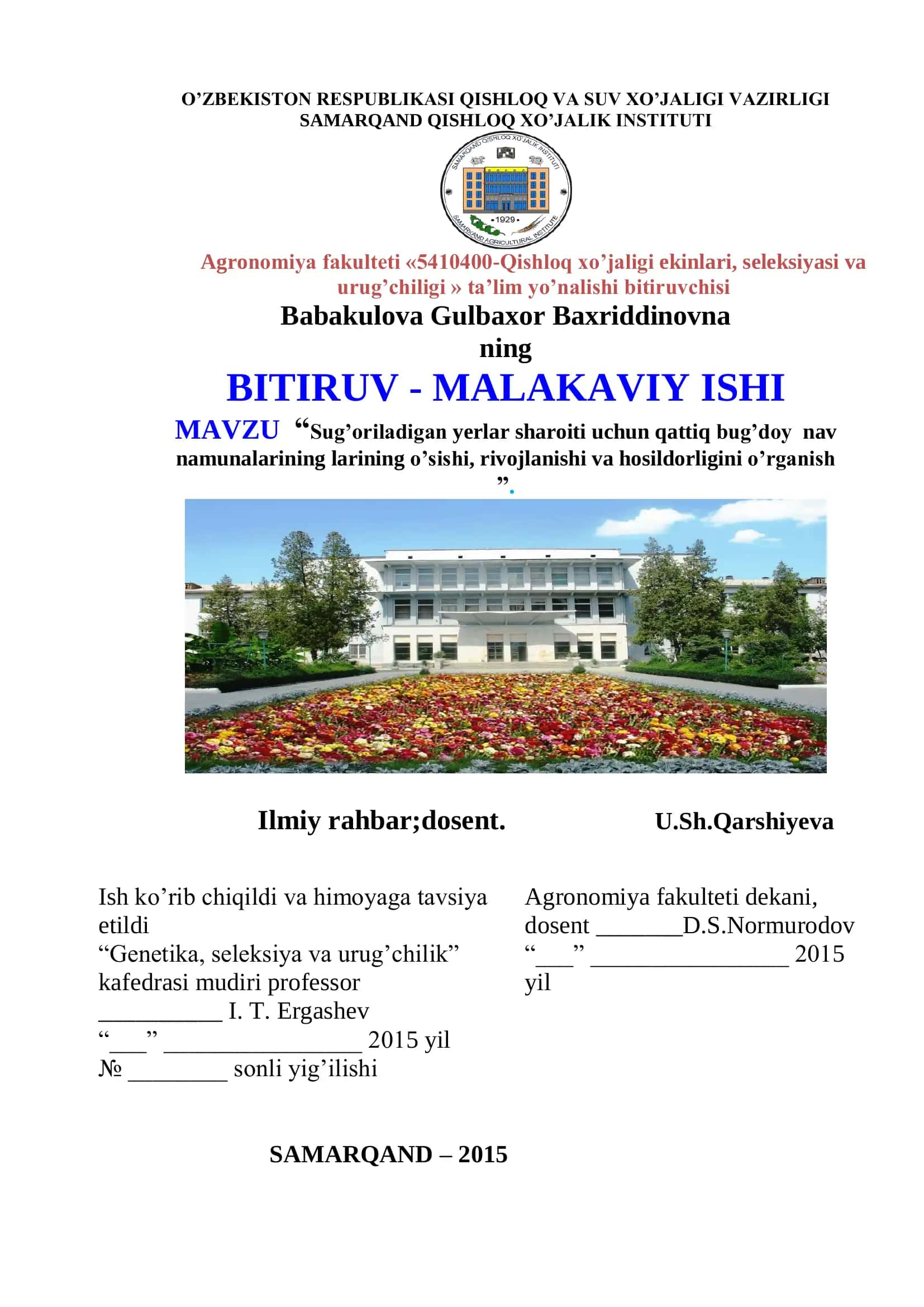 Sug’oriladigan yerlar sharoiti uchun qattiq bug’doy nav namunalarining larining o’sishi, rivojlanishi va hosildorligini o’rganish