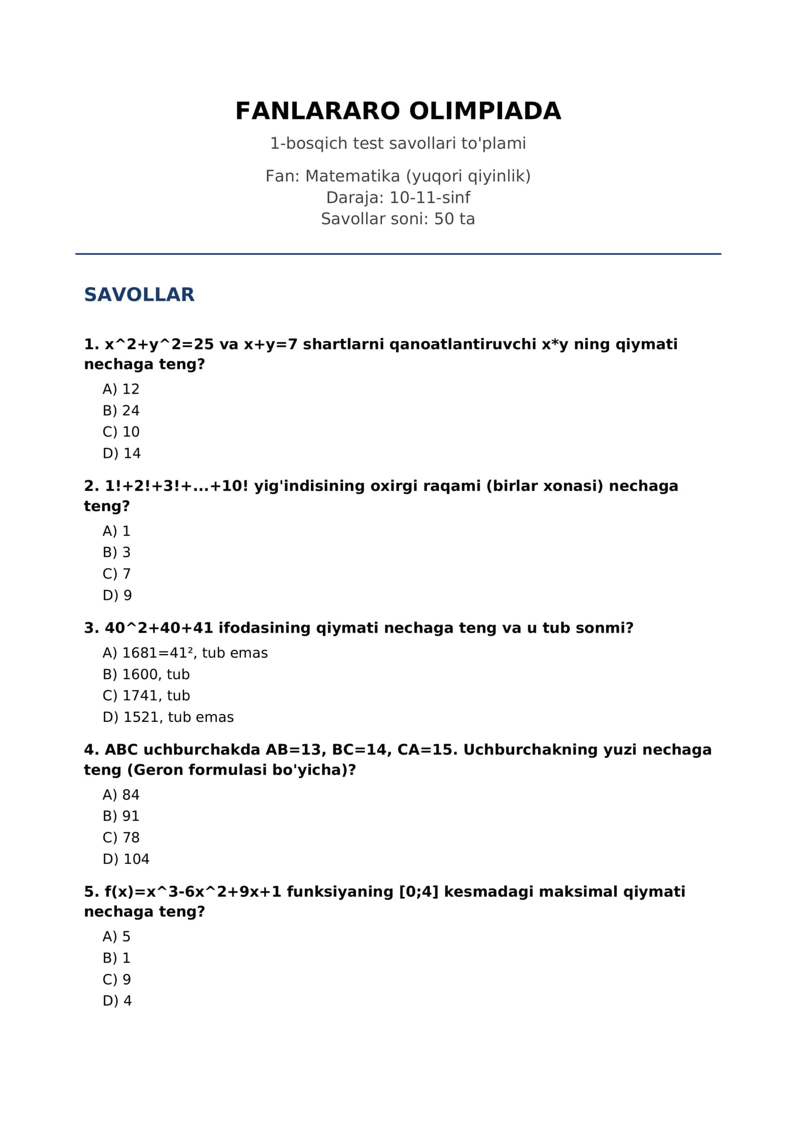 1-bosqich test savollari to'plami