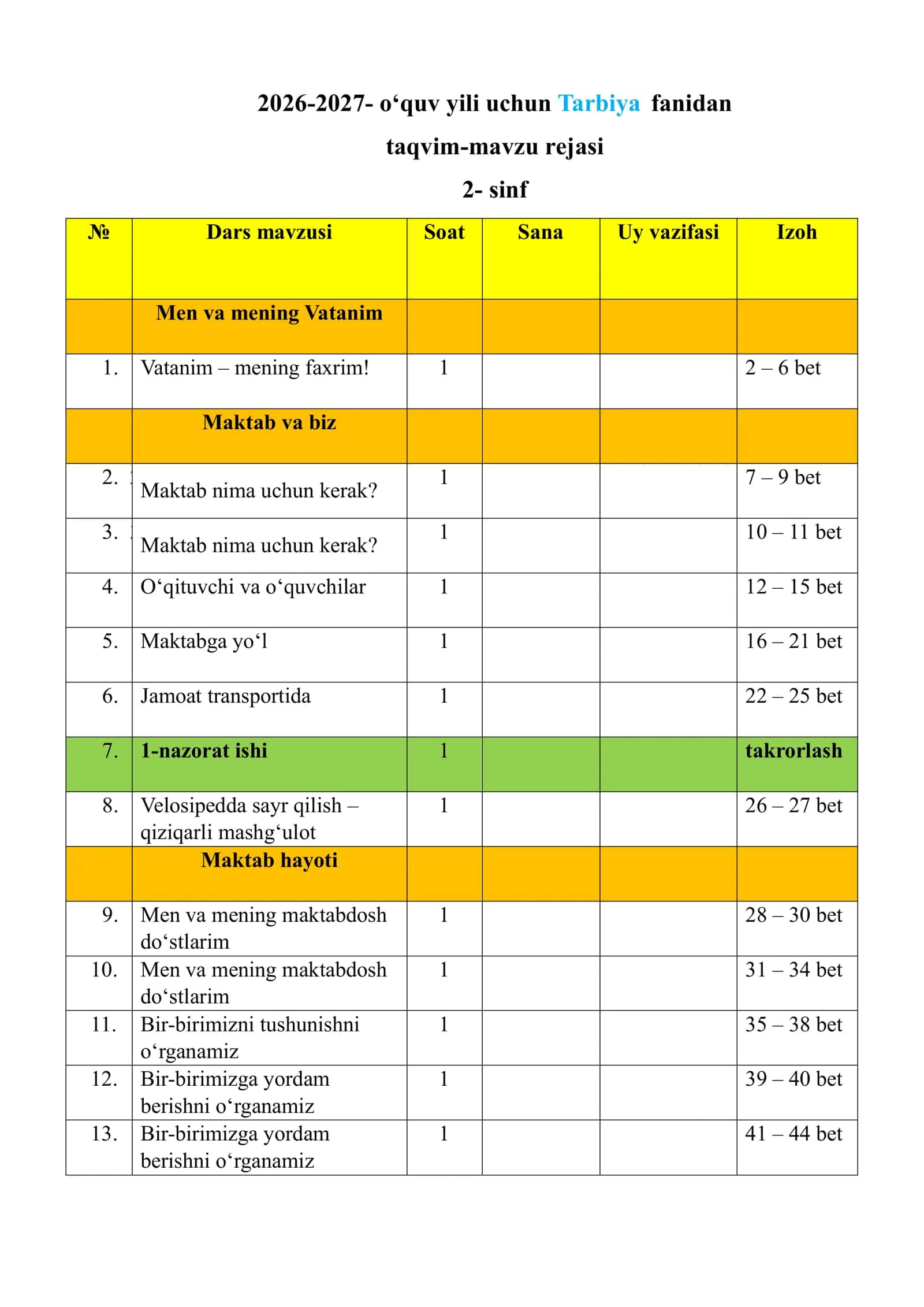 2026-2027- o‘quv yili uchun Tarbiya fanidan taqvim-mavzu rejasi 2-sinf