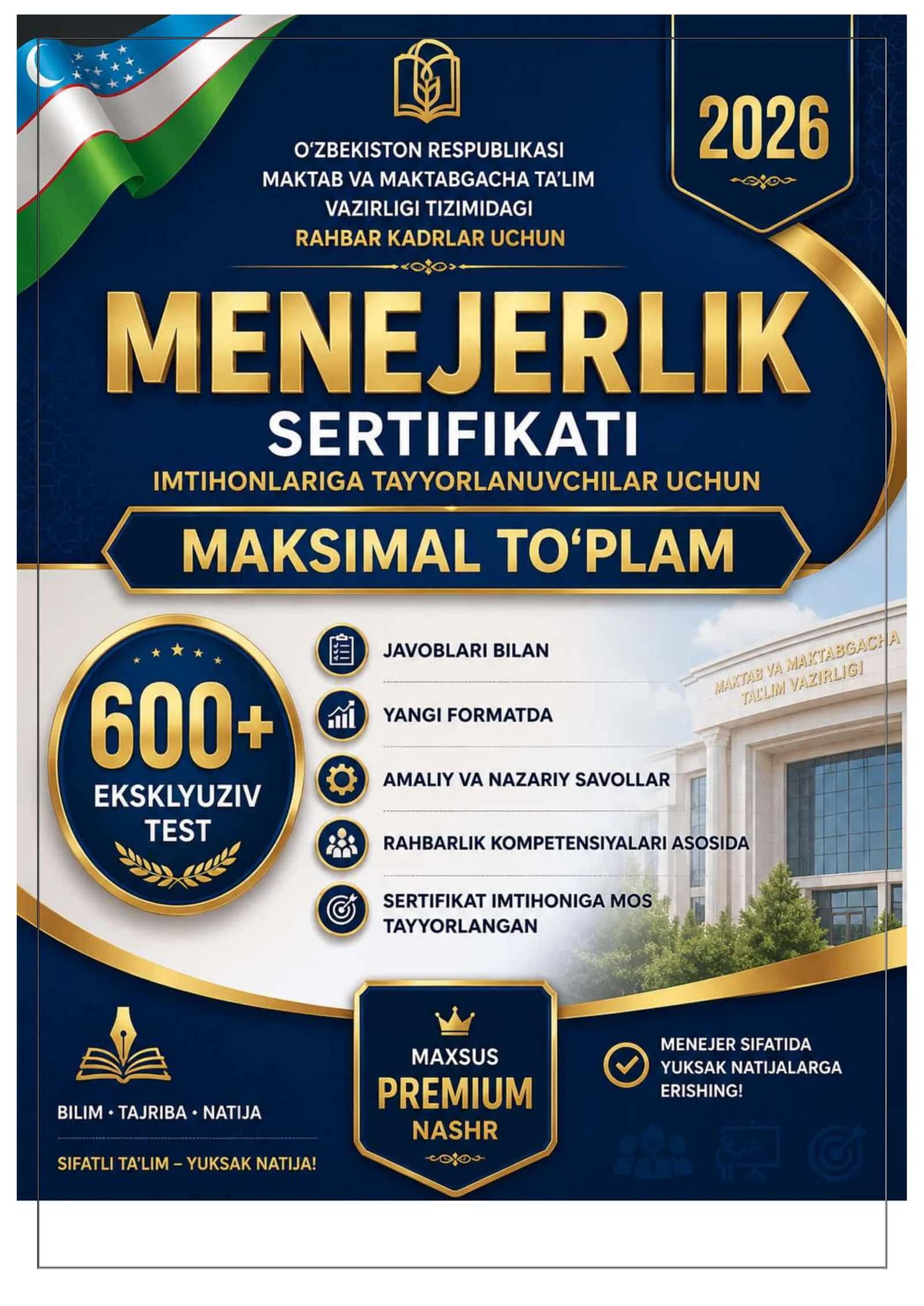 MENEJERLIK SERTIFIKATI IMTIHON TESTLARIGA TAYYORLANISH 600+ REAL IMTIXON TESTLARI