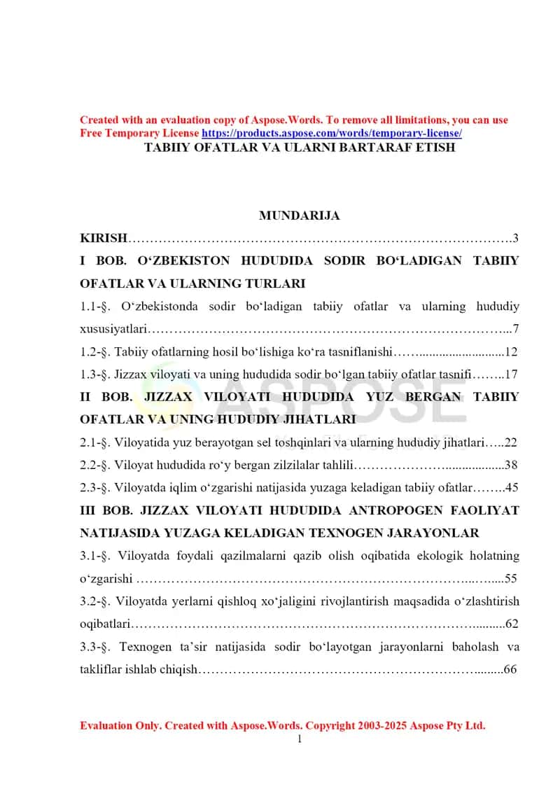 Tabiiy ofatlar va ularni bartaraf etish