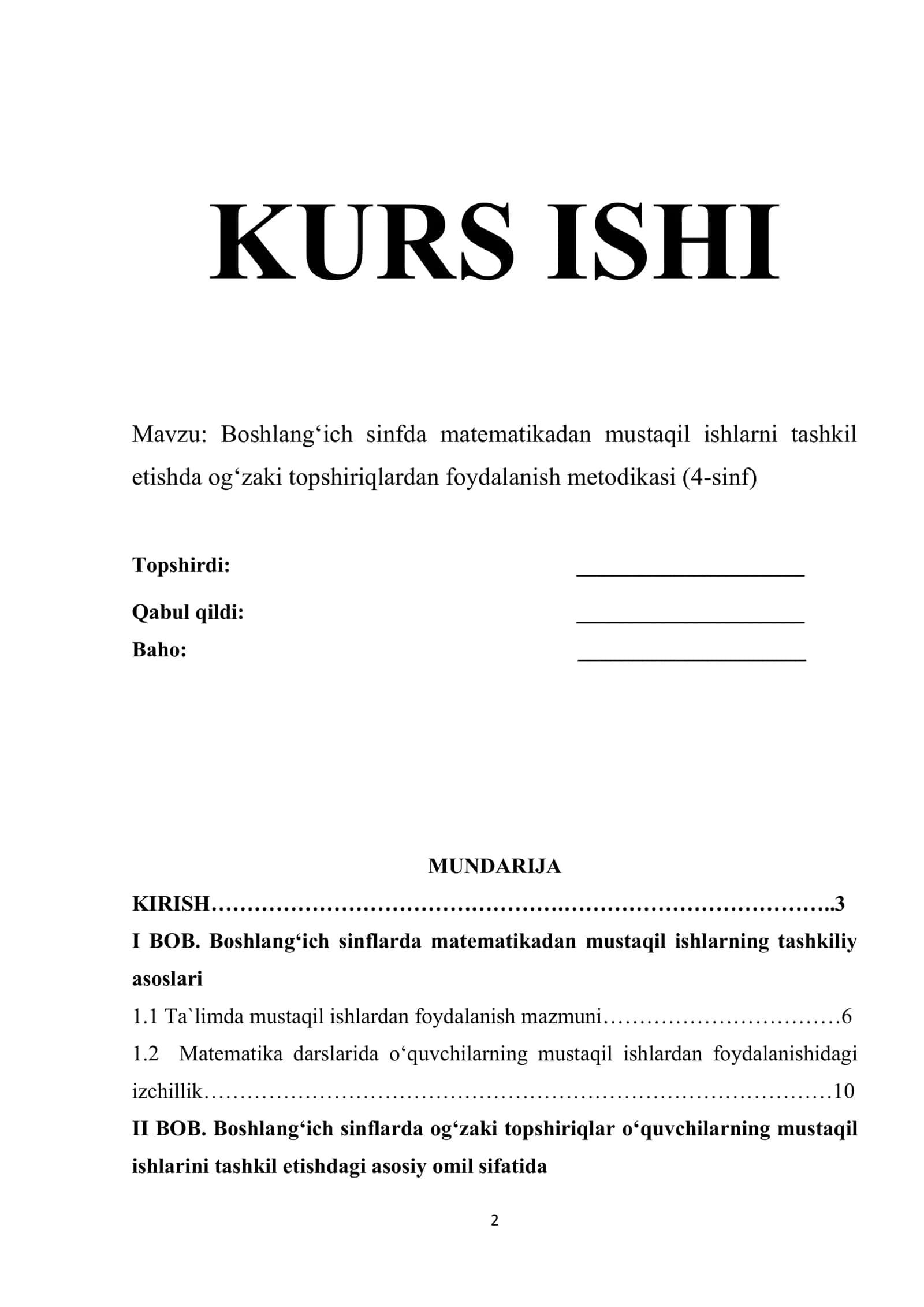 Boshlang‘ich sinfda matematikadan mustaqil ishlarni tashkil etishda og‘zaki topshiriqlardan foydalanish metodikasi (4-sinf)