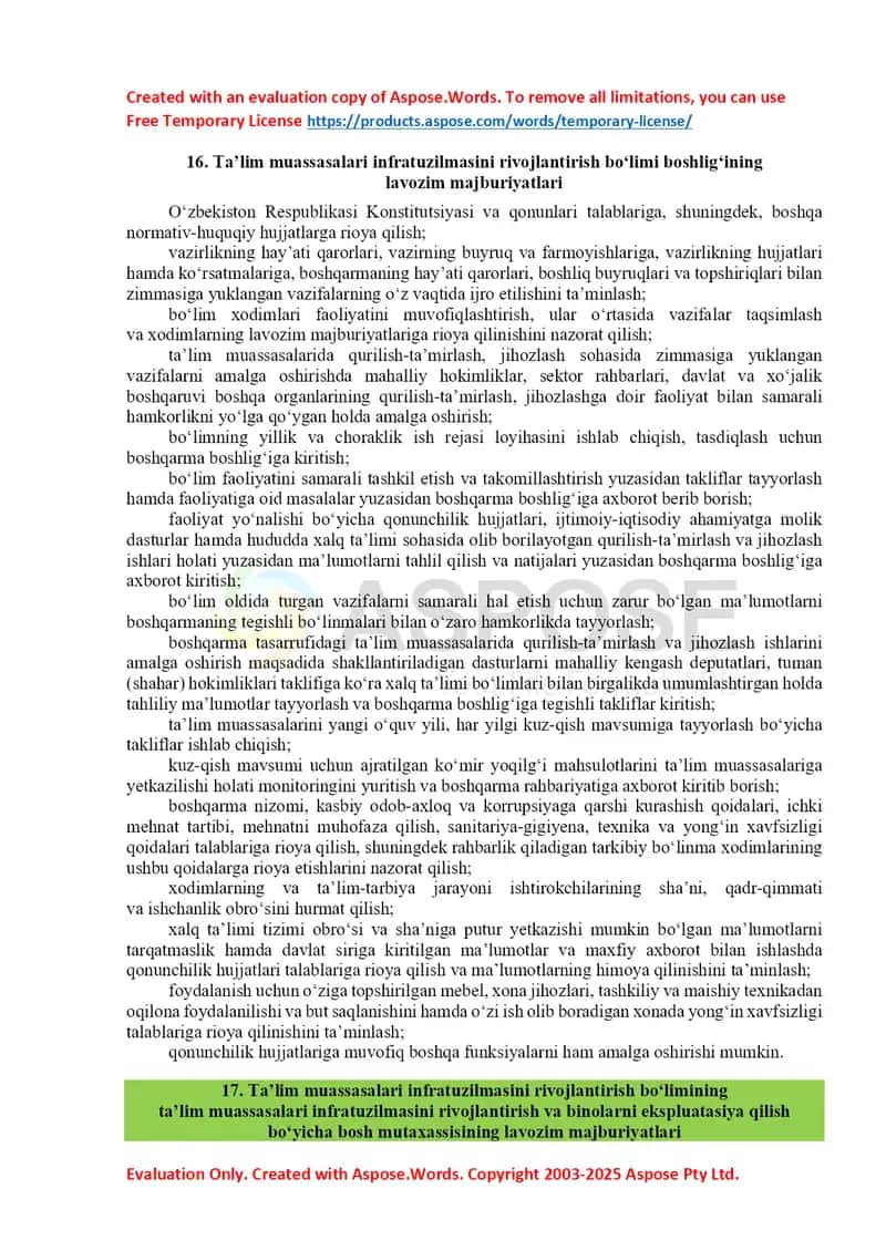 Ta’lim muassasalari infratuzilmasini rivojlantirish bo‘limi lavozim majburiyatlari