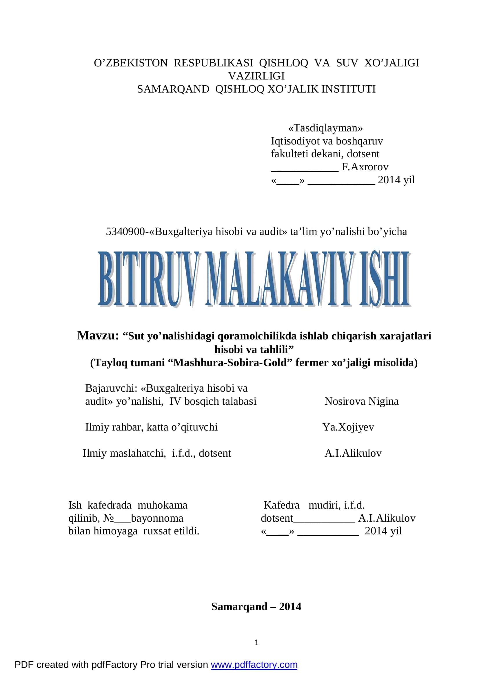 Sut yo’nalishidagi qoramolchilikda ishlab chiqarish xarajatlari hisobi va tahlili