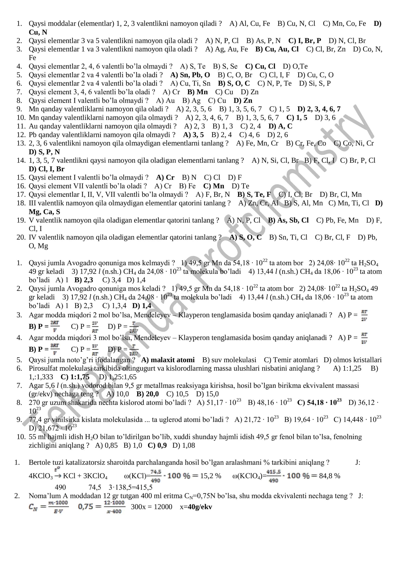 🧪 Kimyo fanidan 270 ta masala va batafsil yechimlar to‘plami