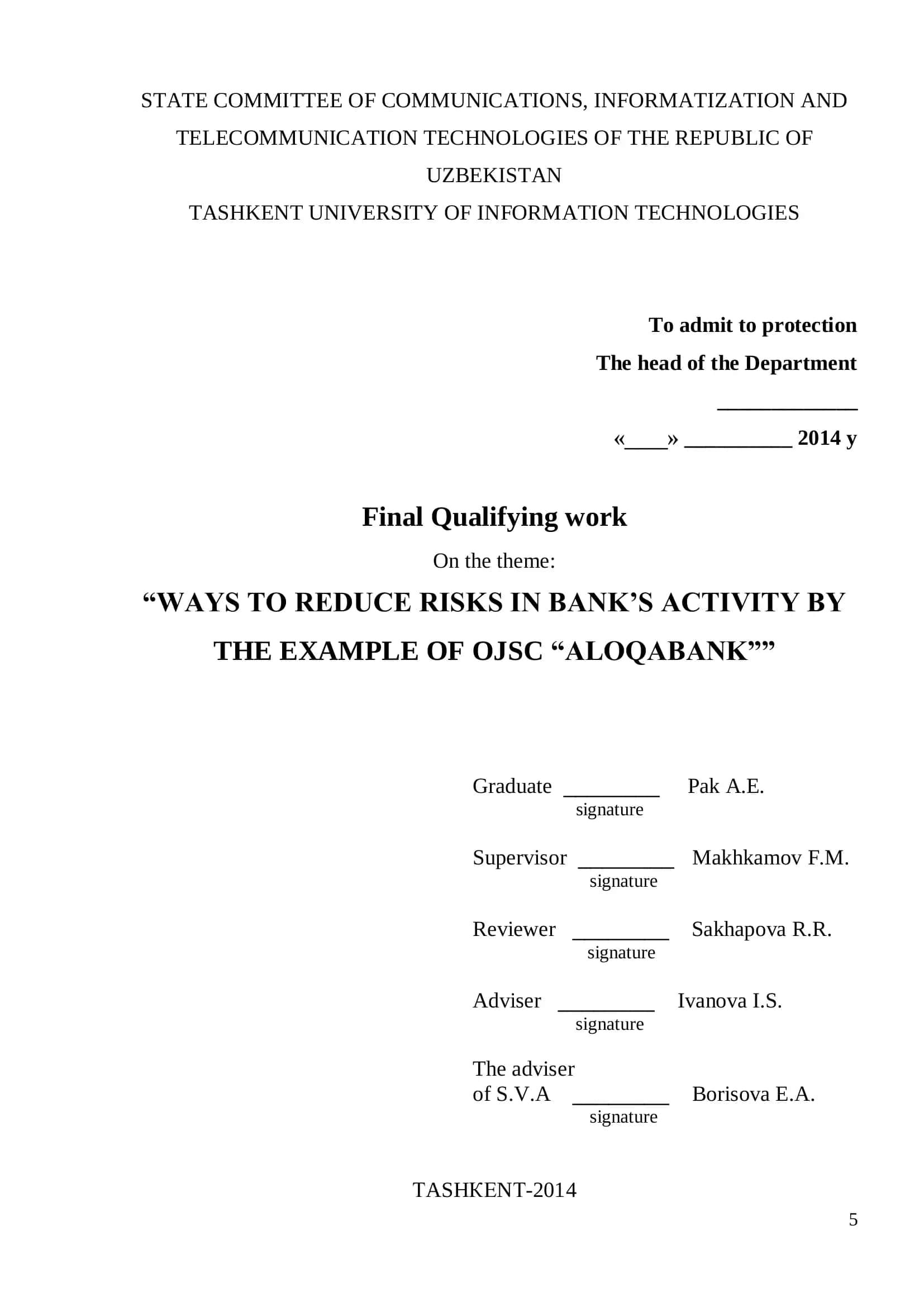 Final Qualifying work: “WAYS TO REDUCE RISKS IN BANK’S ACTIVITY BY THE EXAMPLE OF OJSC “ALOQABANK”