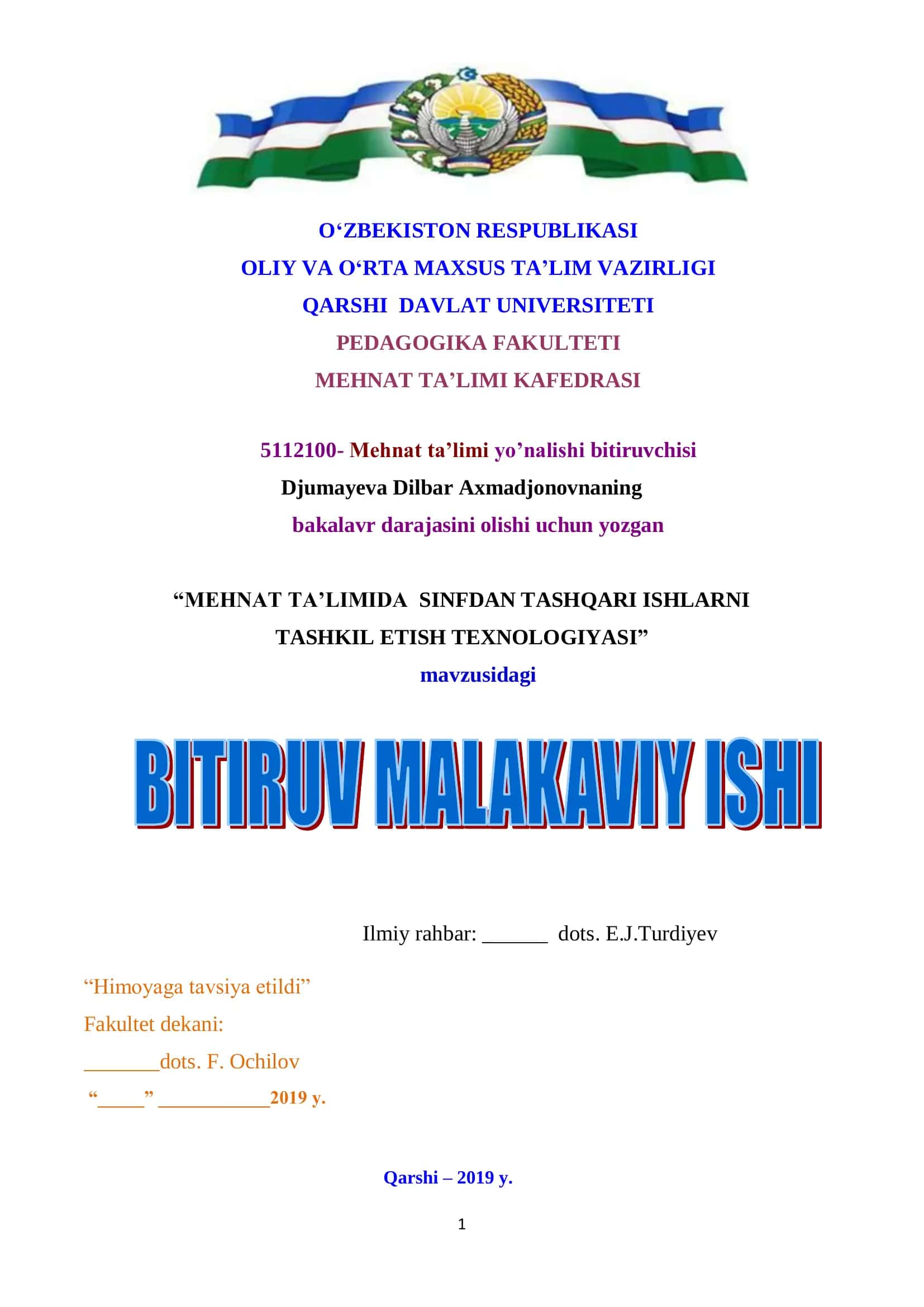 MEHNAT TA’LIMIDA SINFDAN TASHQARI ISHLARNI TASHKIL ETISH TEXNOLOGIYASI