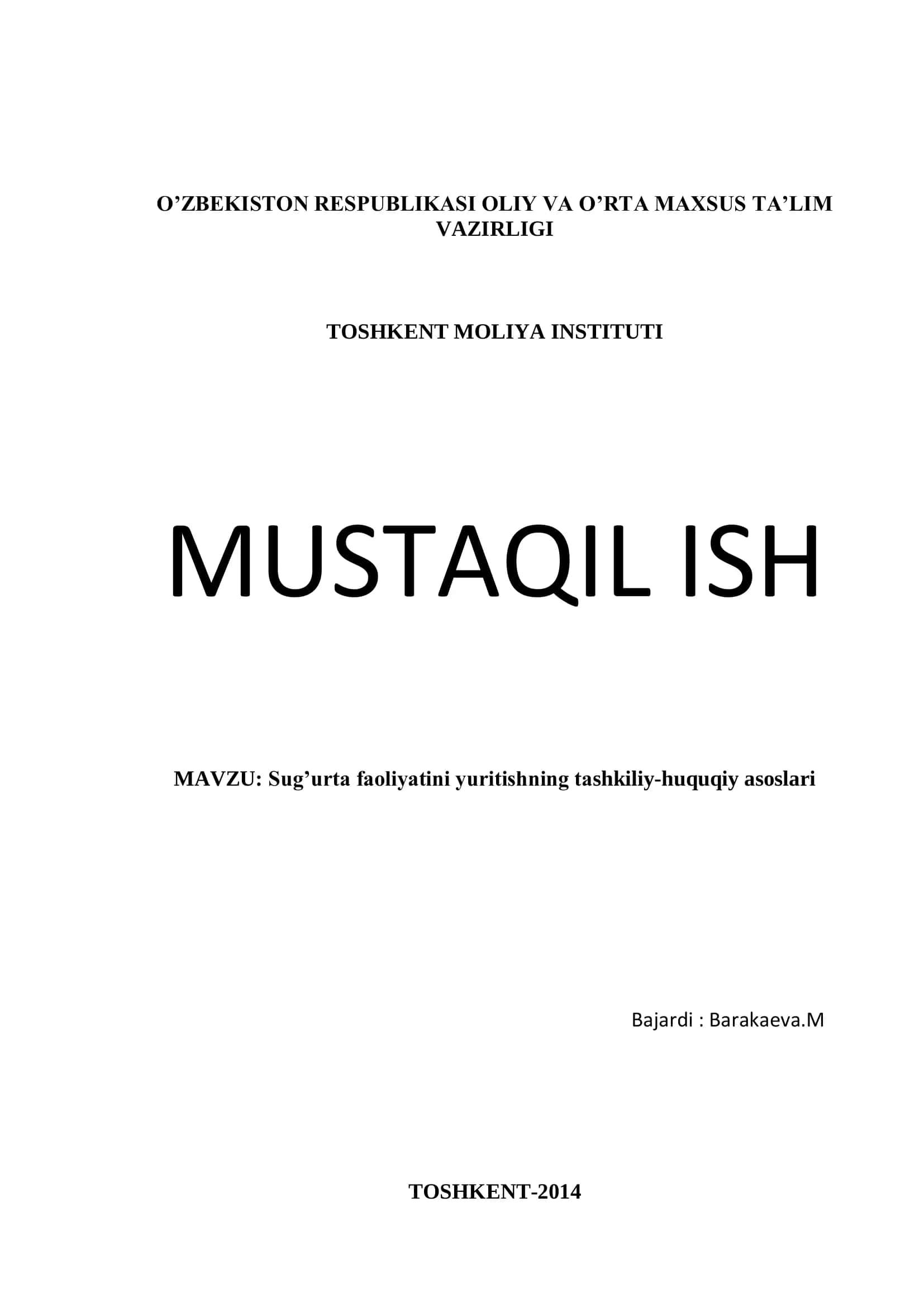 Sug’urta faoliyatini yuritishning tashkiliy-huquqiy asoslari