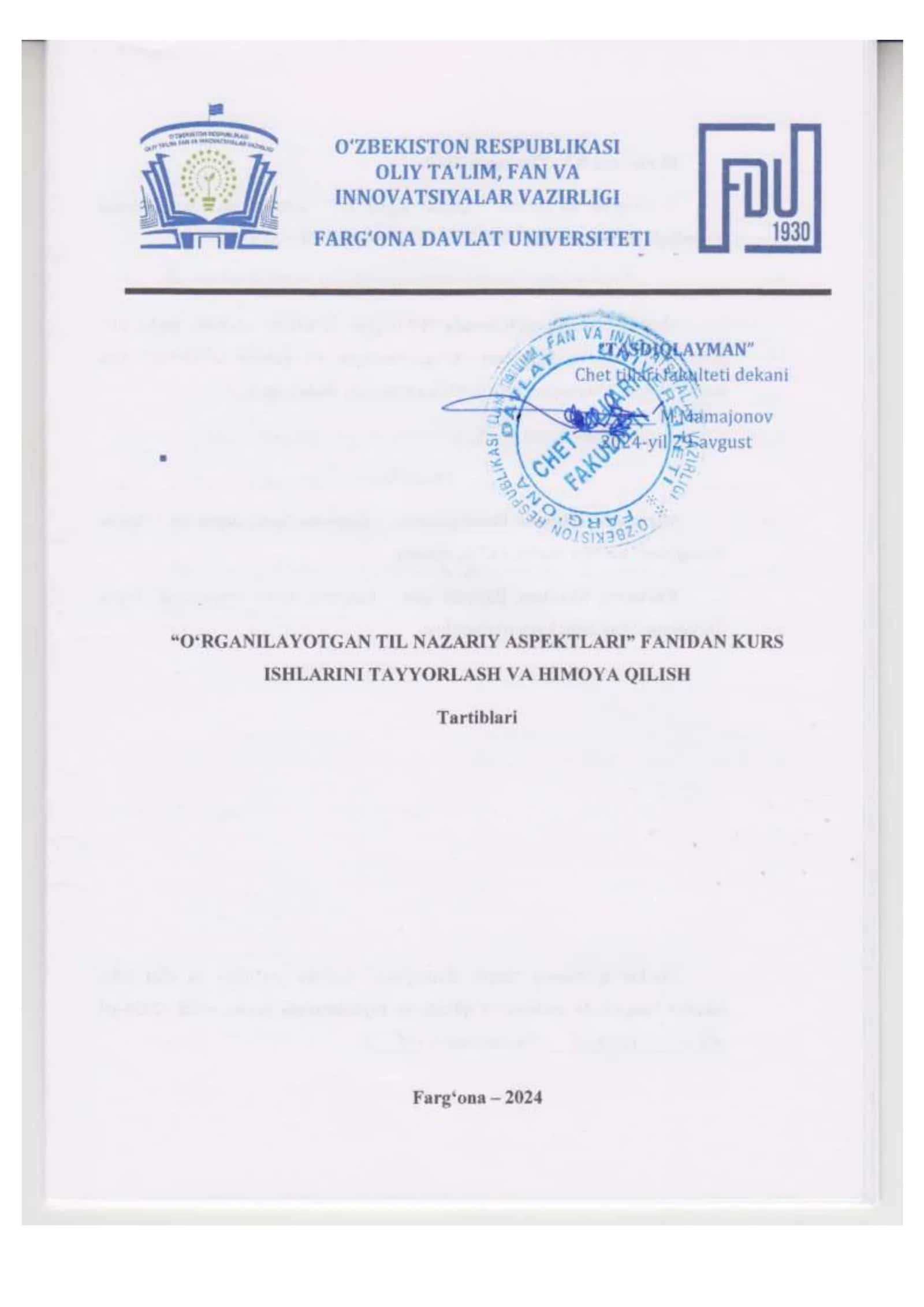 Bakalavr yo‗nalishlari o‗quv rejasida ko‗zda tutilgan asosiy fanlardan kurs ishlarini bajarish