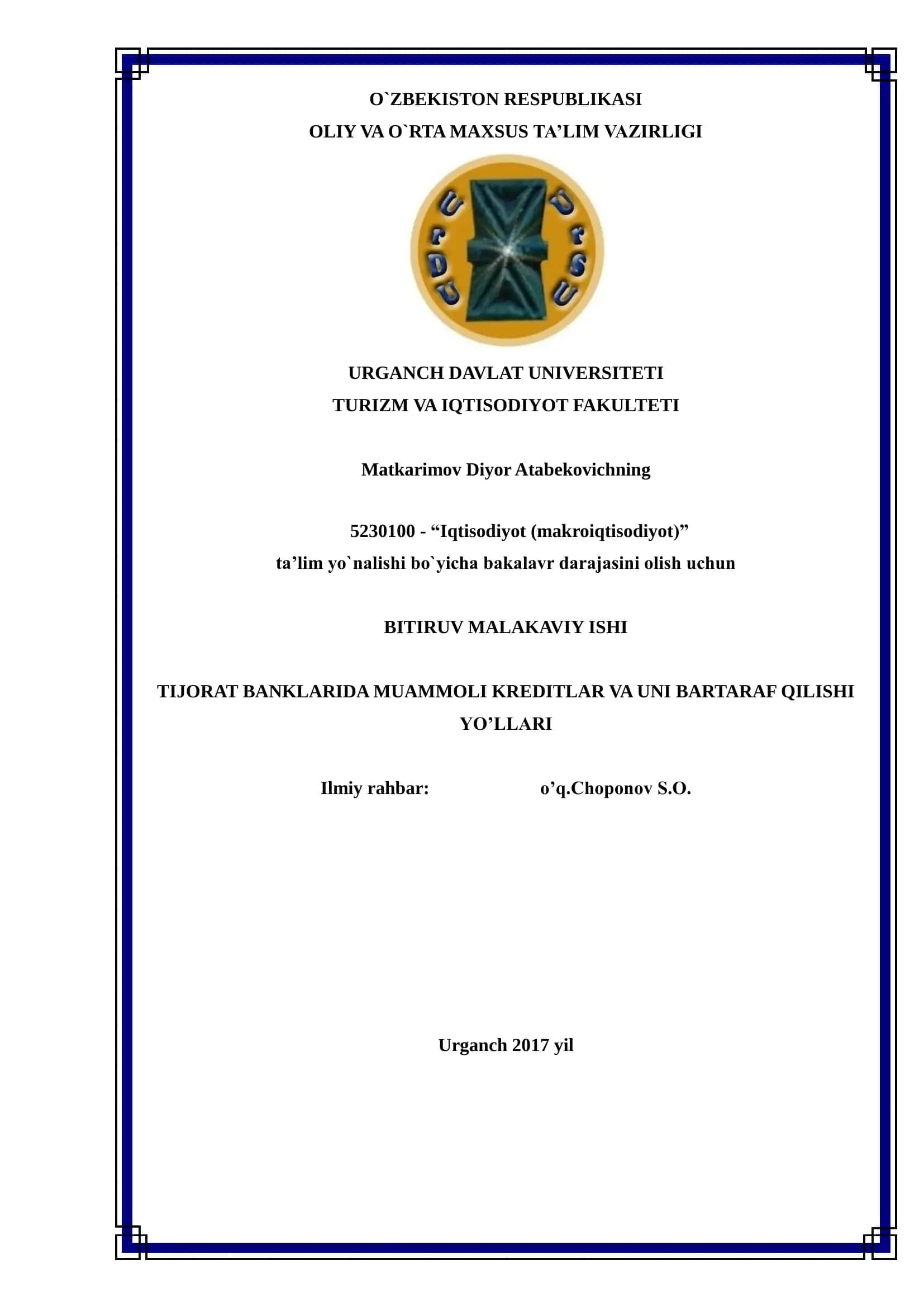 TIJORAT BANKLARIDA MUAMMOLI KREDITLAR VA UNI BARTARAF QILISHI YO'LLLARI