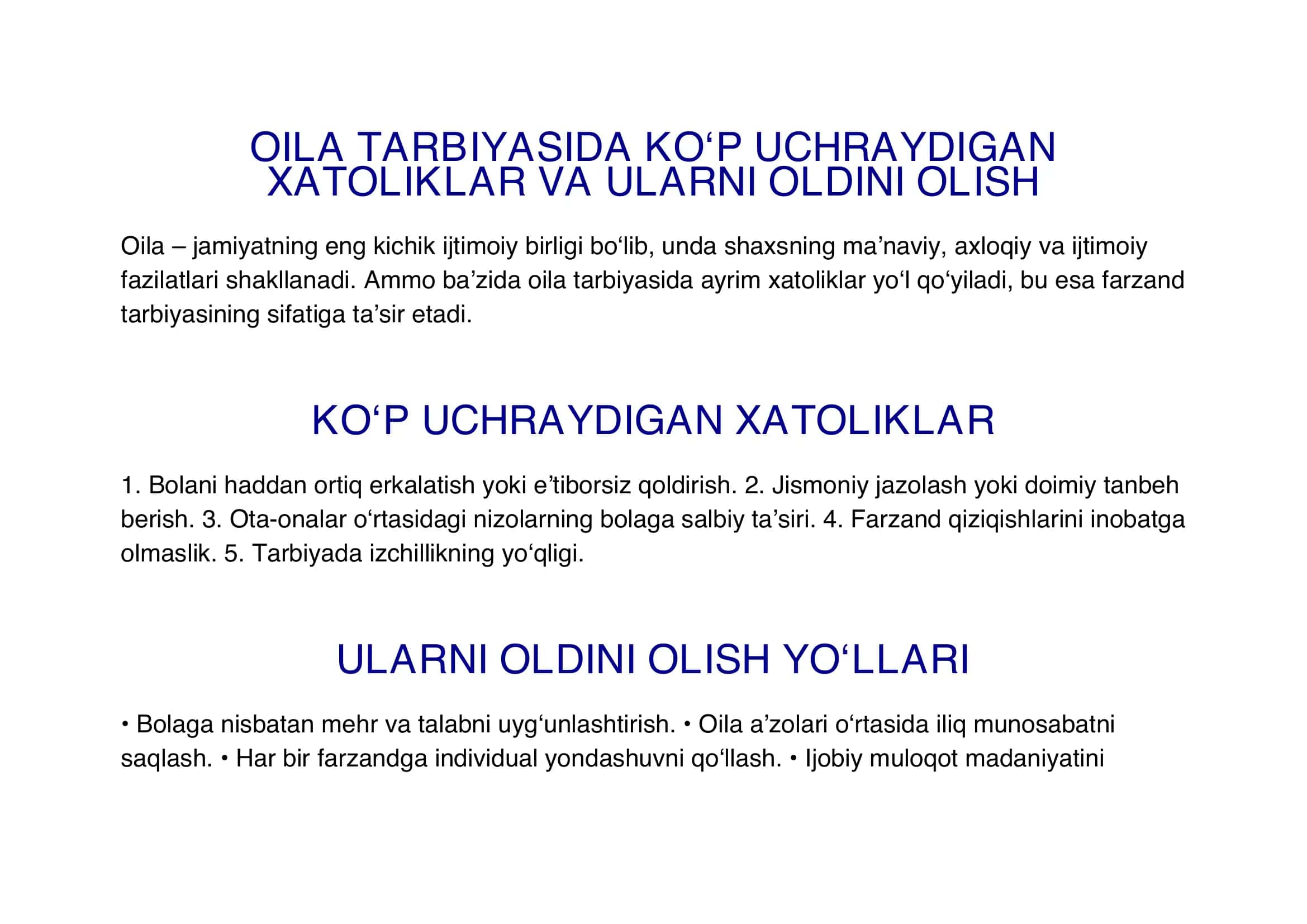 Oila tarbiyasida ko‘p uchraydigan xatoliklar va ularni oldini olish