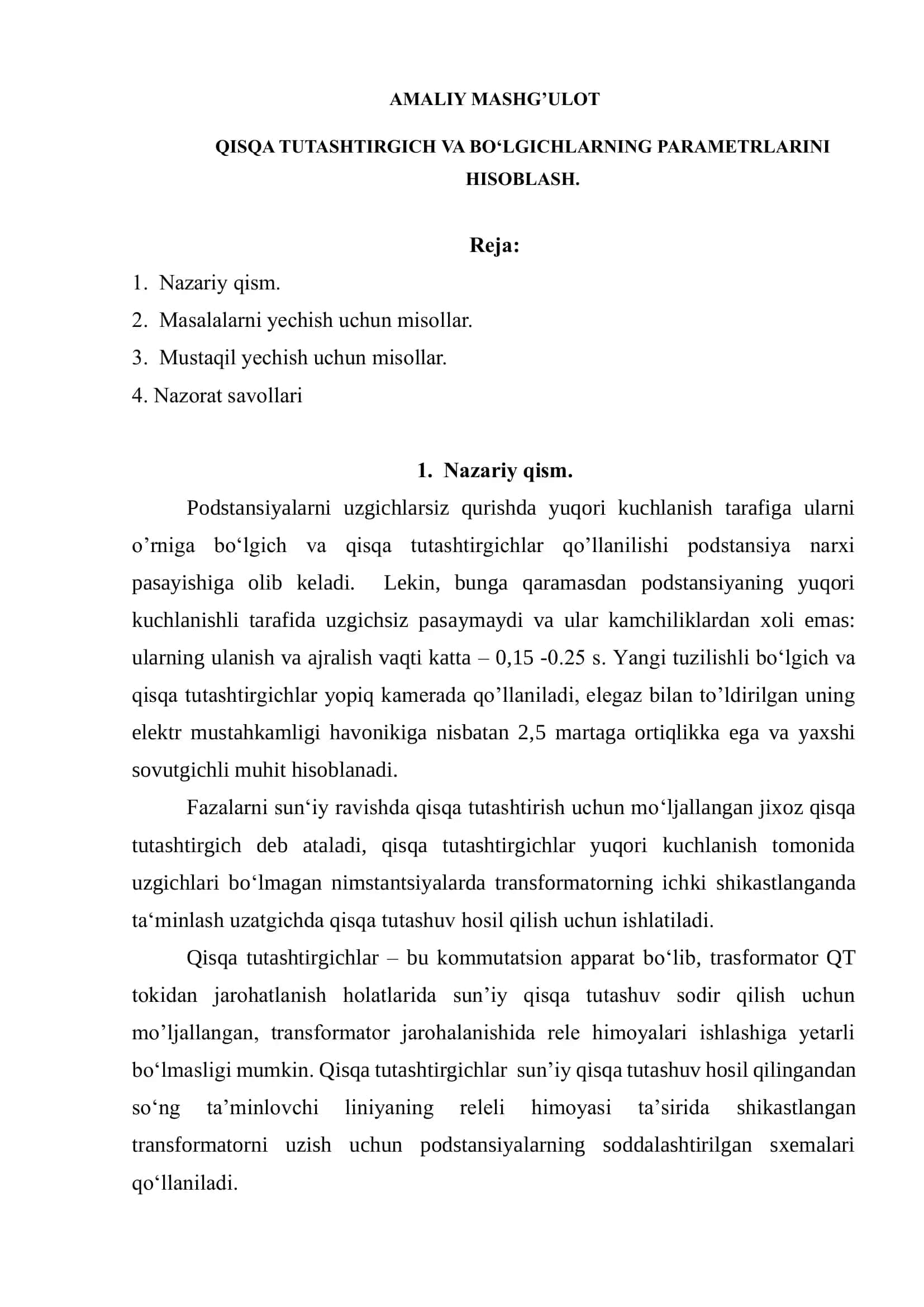 QISQA TUTASHTIRGICH VA BO‘LGICHLARNING PARAMETRLARINI HISOBLASH.