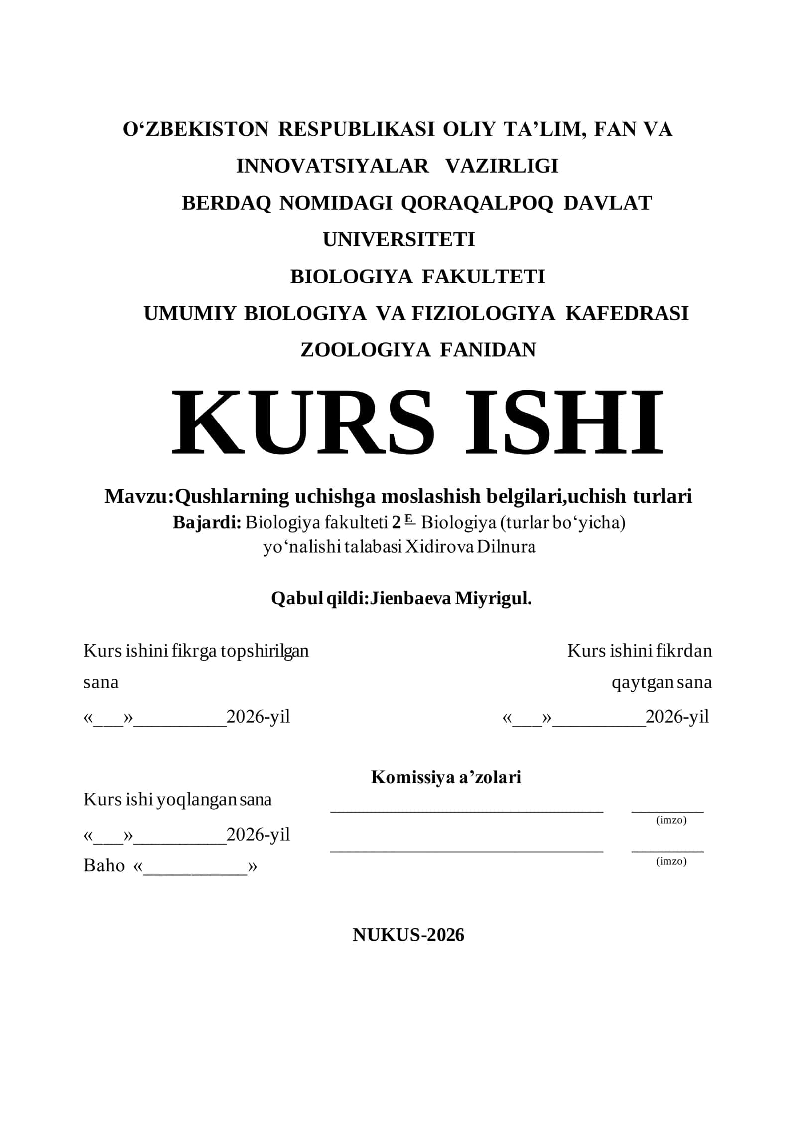 Kurs ishi: Qushlarning uchishga moslashish belgilari, uchish turlari