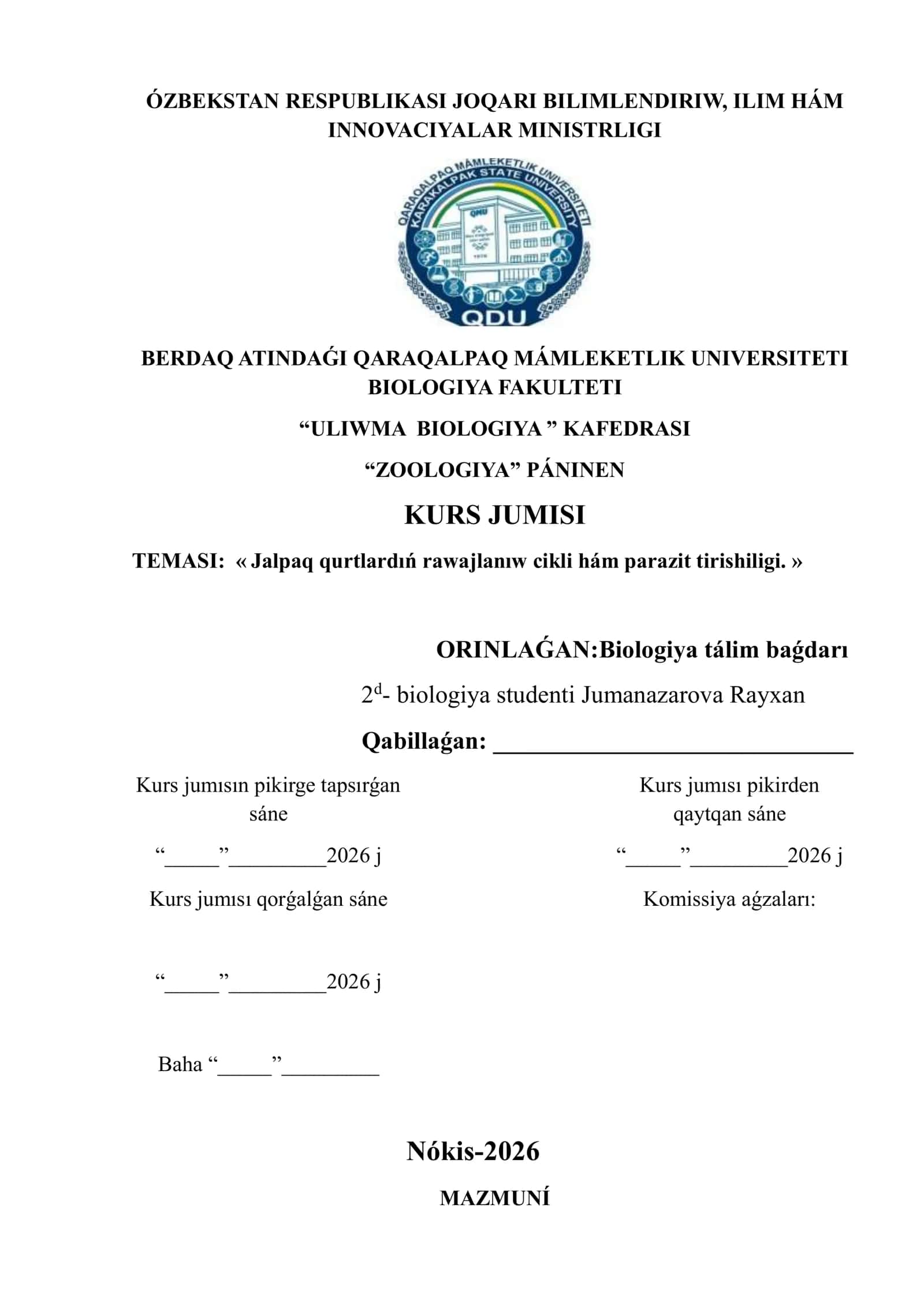 Jalpaq qurtlardıń rawajlanıw cikli hám parazit tirishiligi