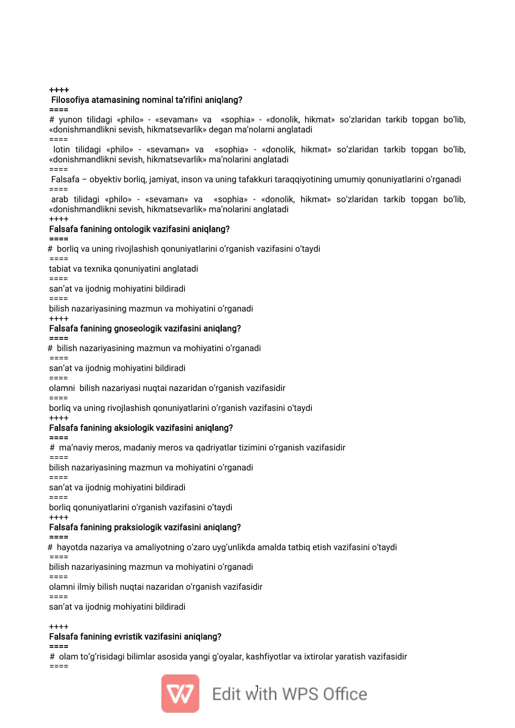 Filosofiya atamasining nominal ta’rifini aniqlang