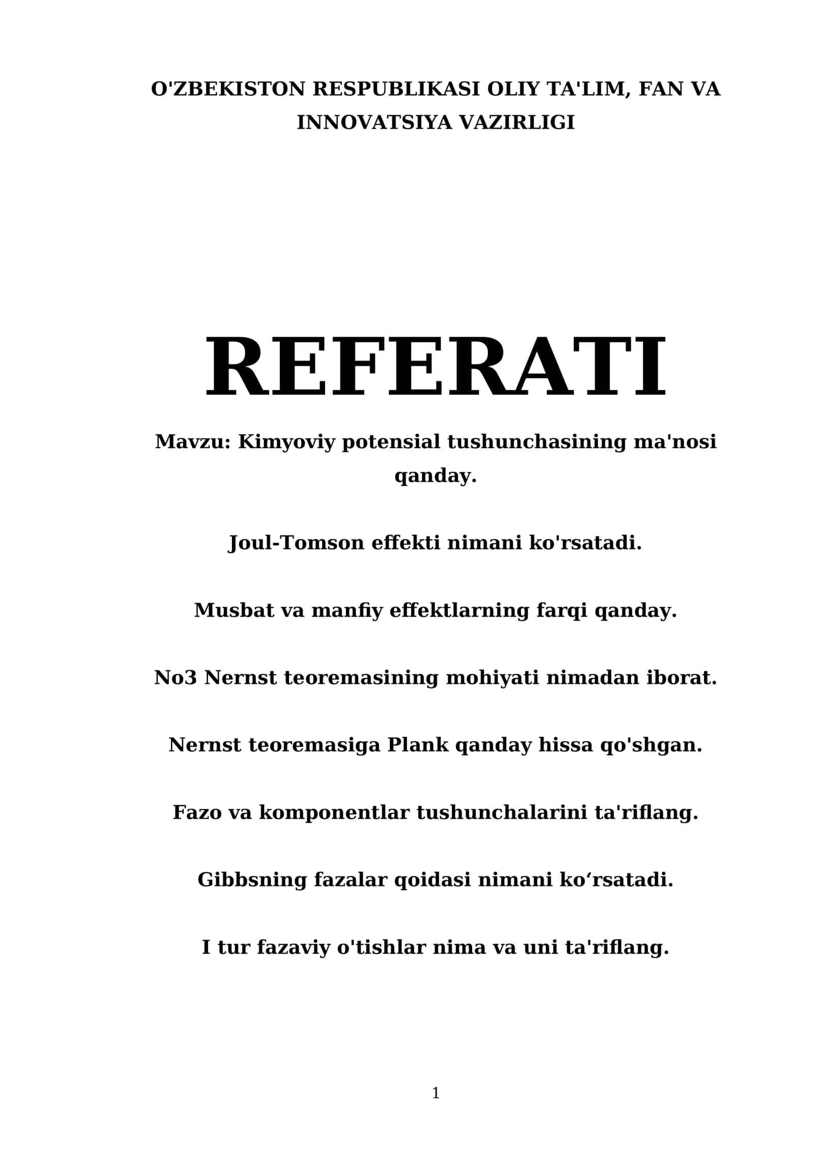 Kimyoviy potensial tushunchasining ma'nosi qanday. Joul-Tomson effekti nimani ko'rsatadi