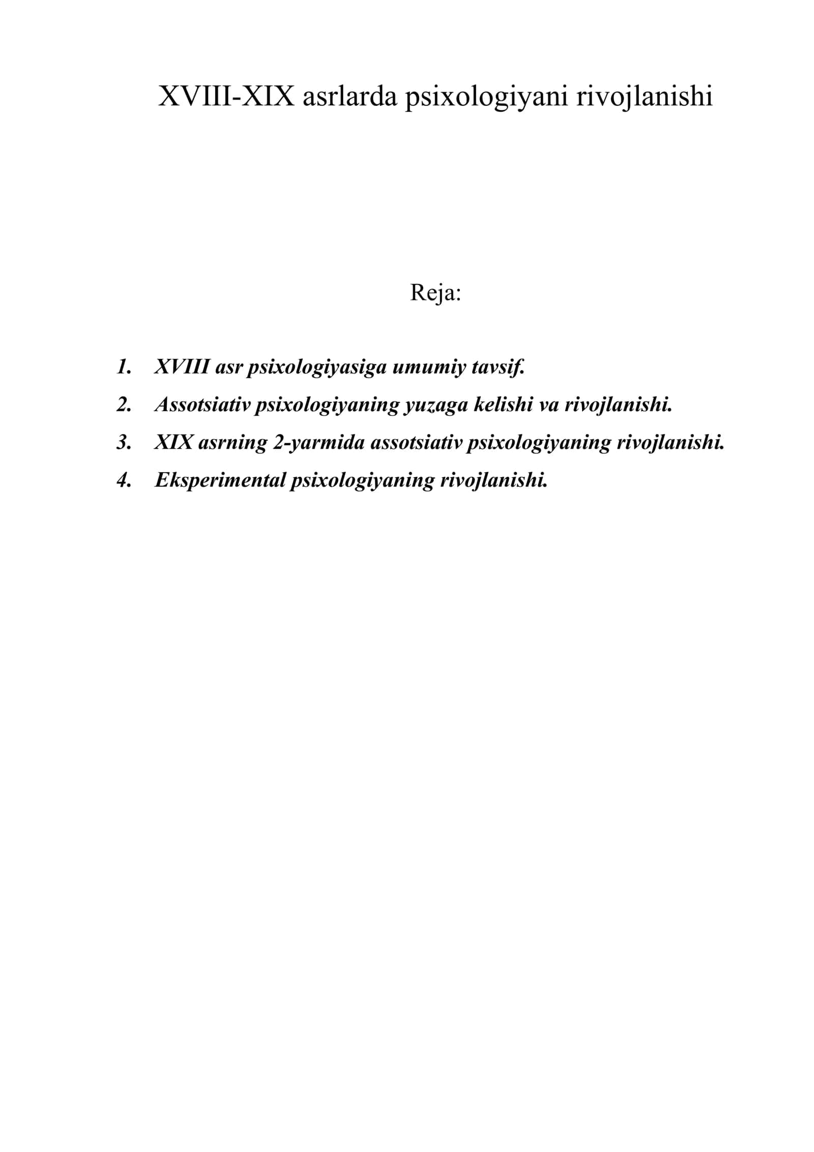 XVIII-XIX asrlarda psixologiyani rivojlanishi