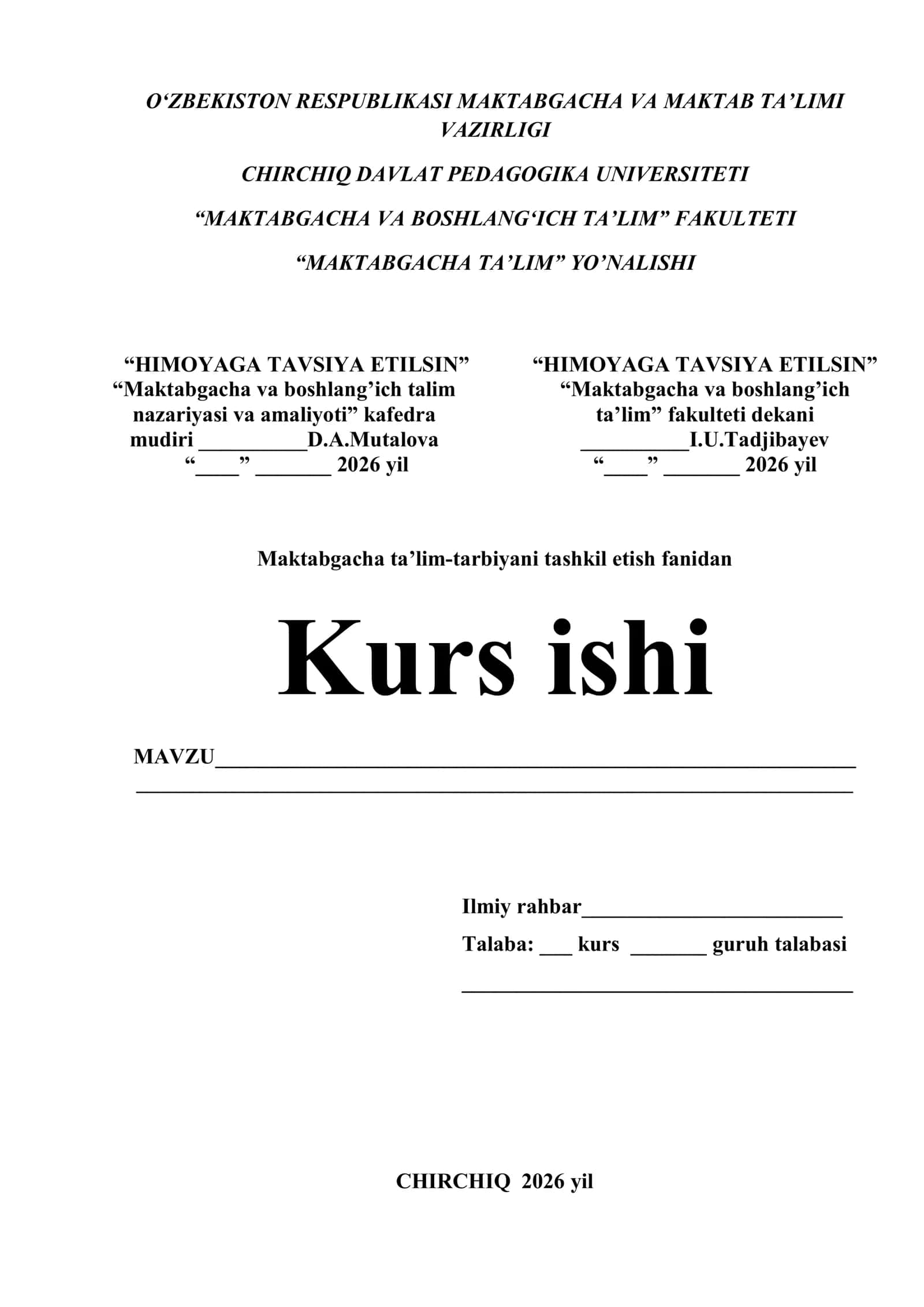 Maktabgacha va boshlang’ich talim kurs ishi