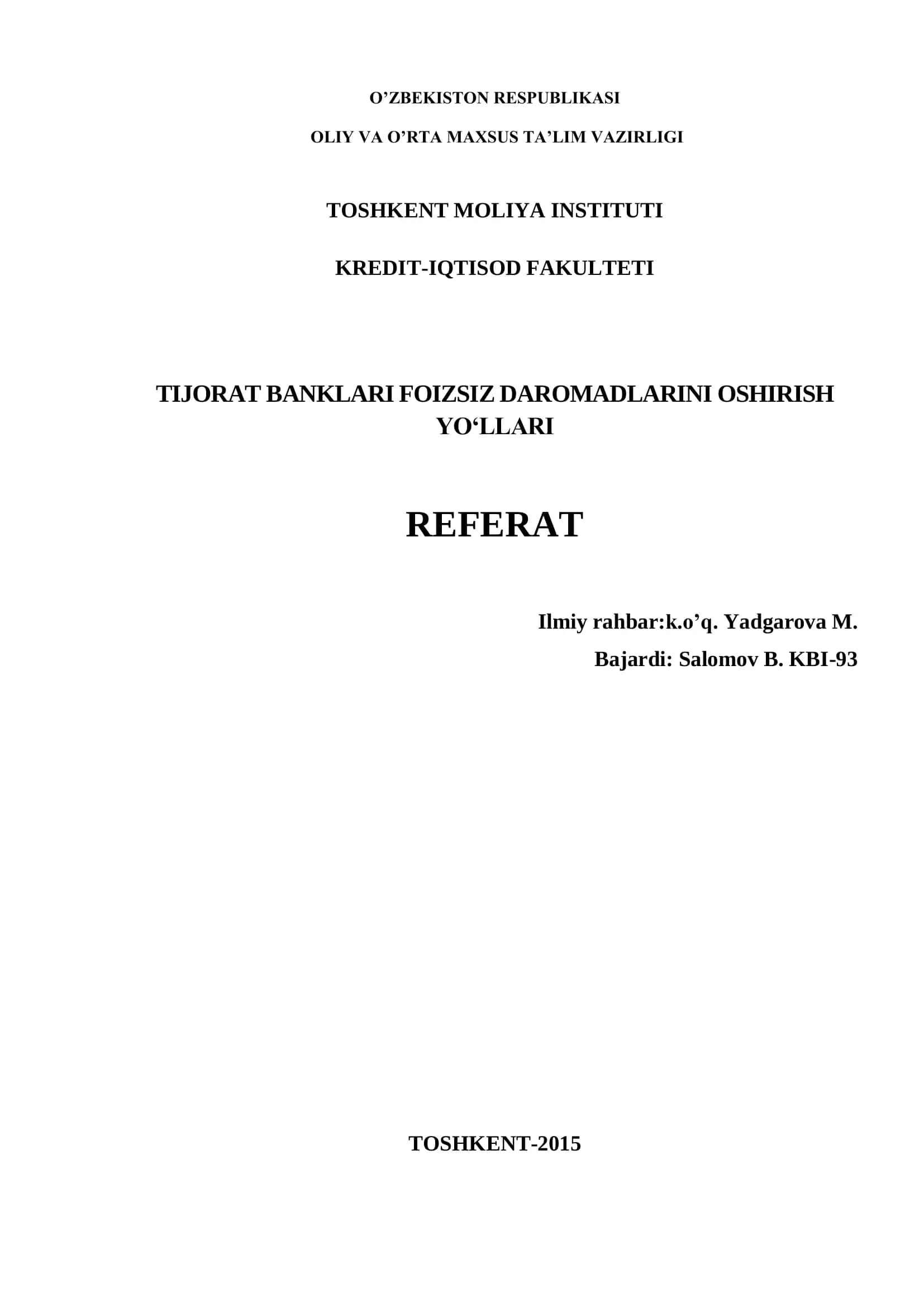 Tijorat Banklari Foizsiz Daromadlarini Oshirish Yo‘llari REFERAT