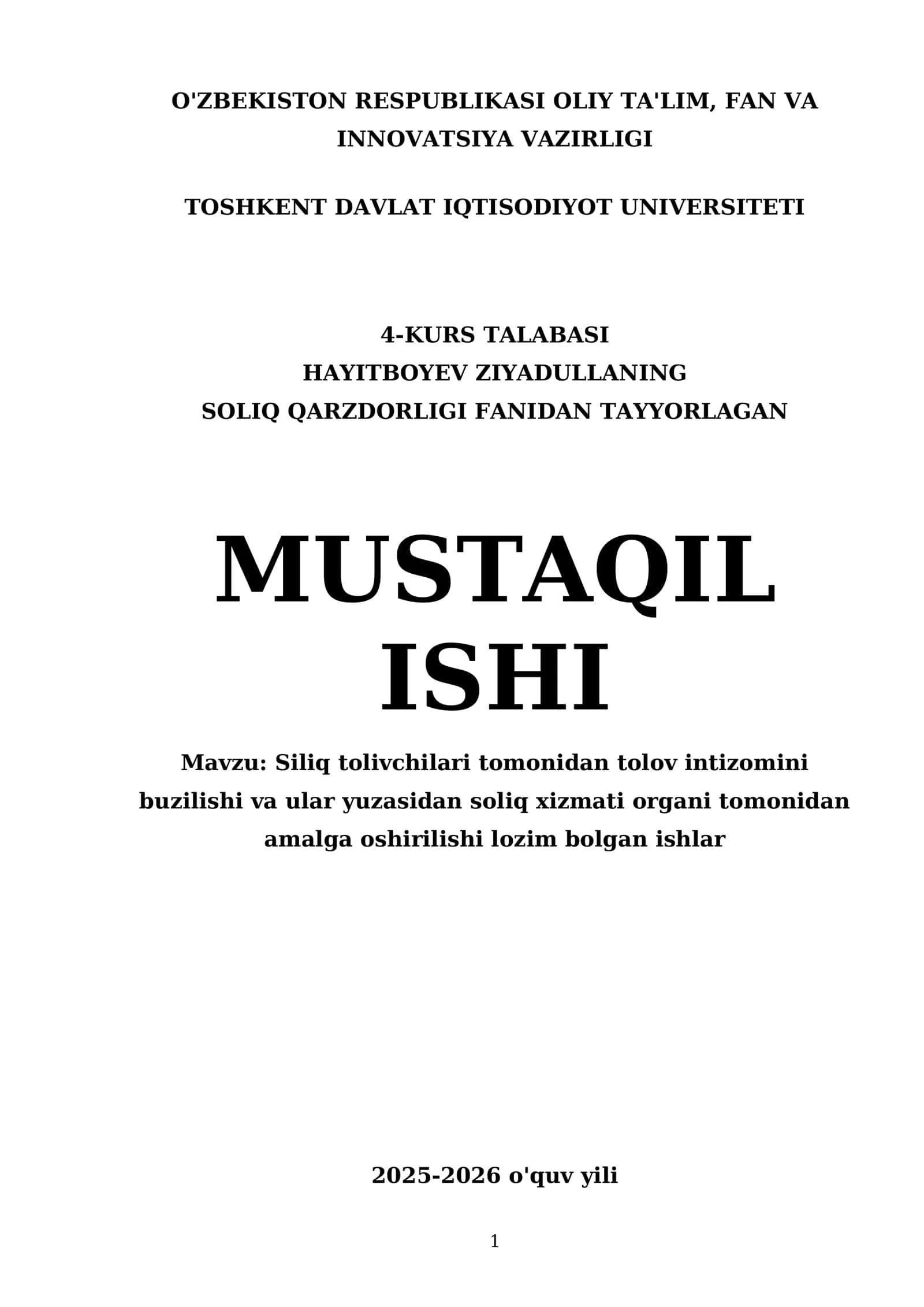 SOLIQ QARZDORLIGI FANIDAN TAYYORLAGAN MUSTAQIL ISHI