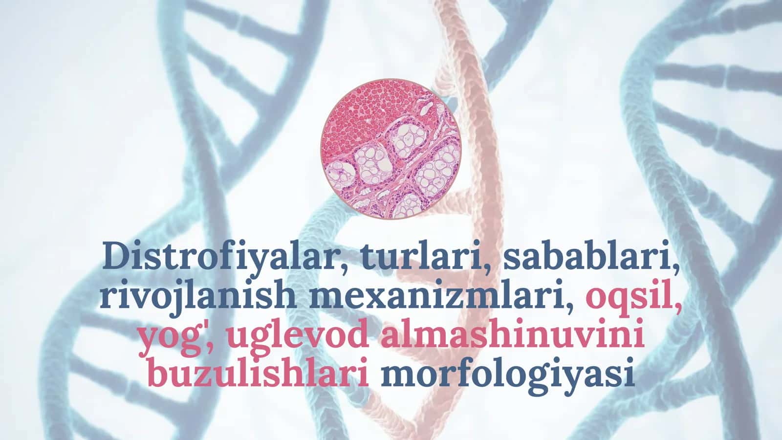 Distrofiyalar, turlari, sabablari, rivojlanish mexanizmlari, oqsil, yog', uglevod almashinuvini buzulishlari morfologiyasi