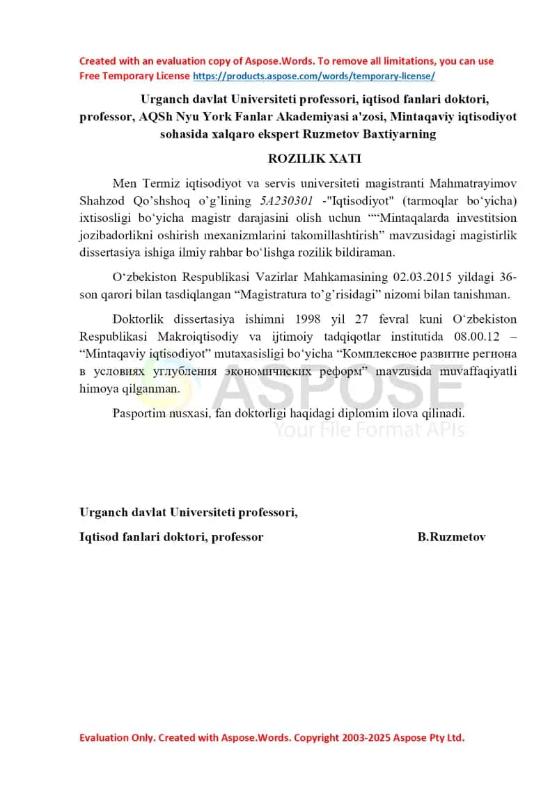 Rozilik xati magistrlik dissertatsiyasi ishiga ilmiy rahbarlik qilish uchun