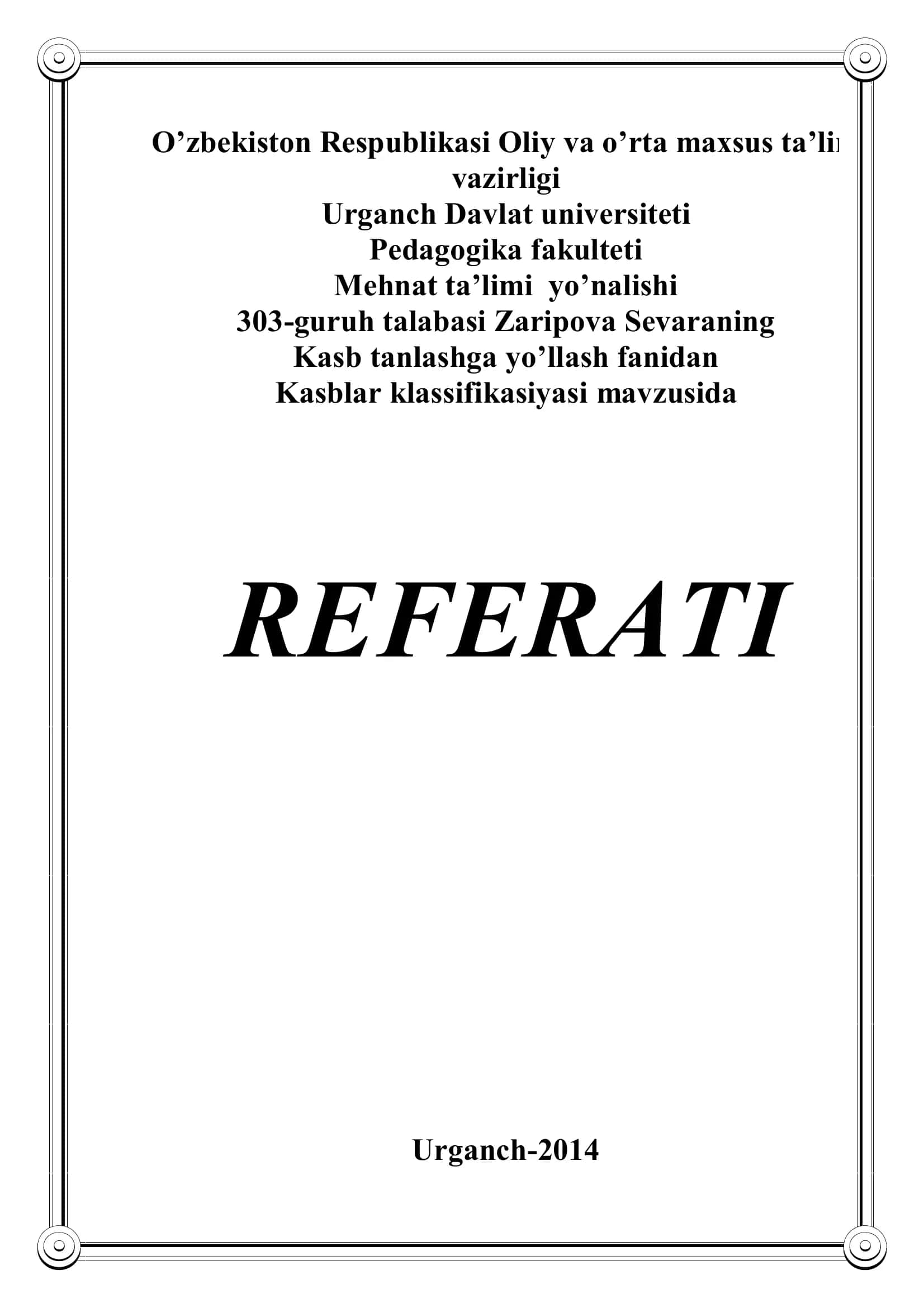 Kasblar klassifikatsiyasi REFERATI
