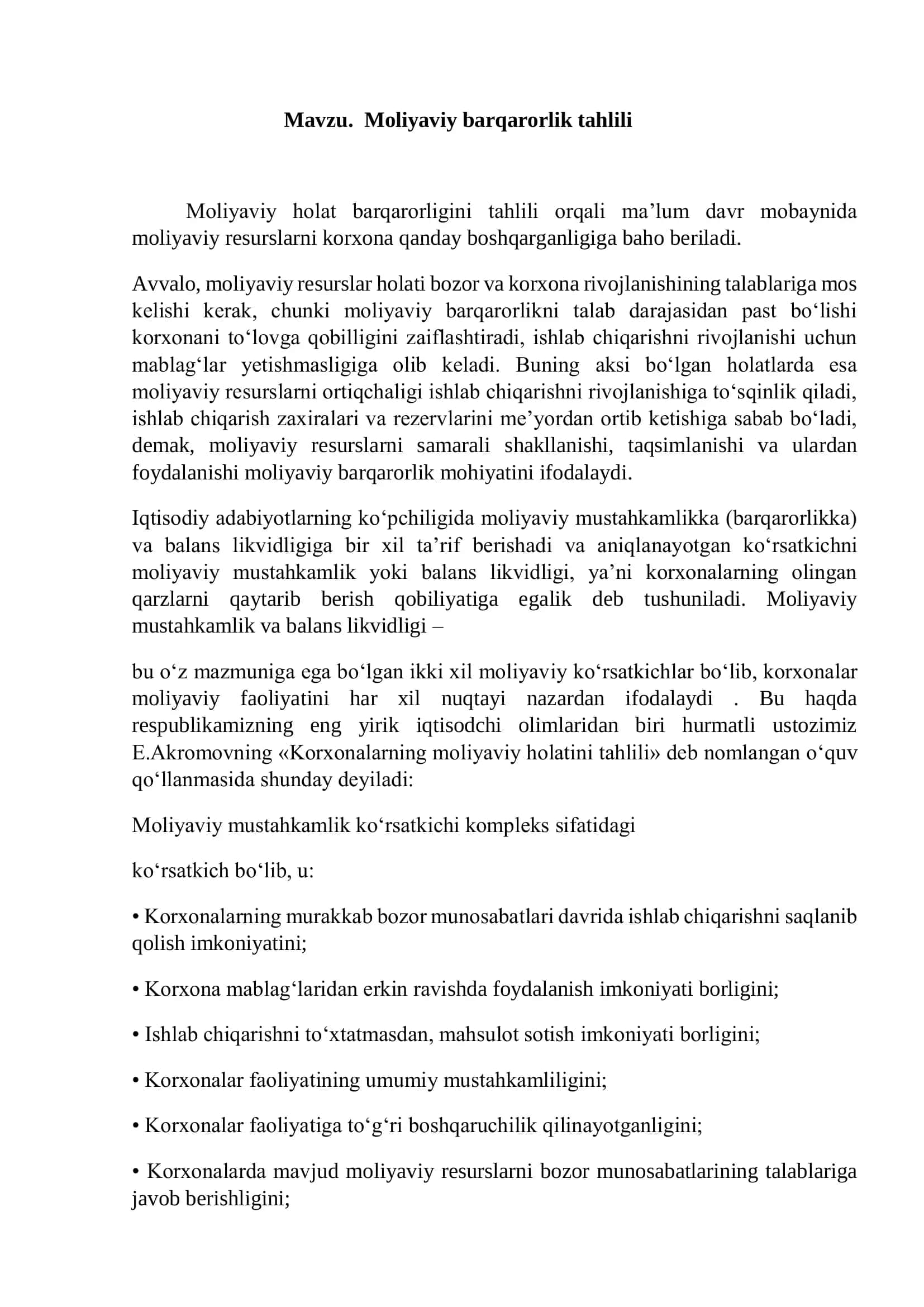 Moliyaviy barqarorlik tahlili