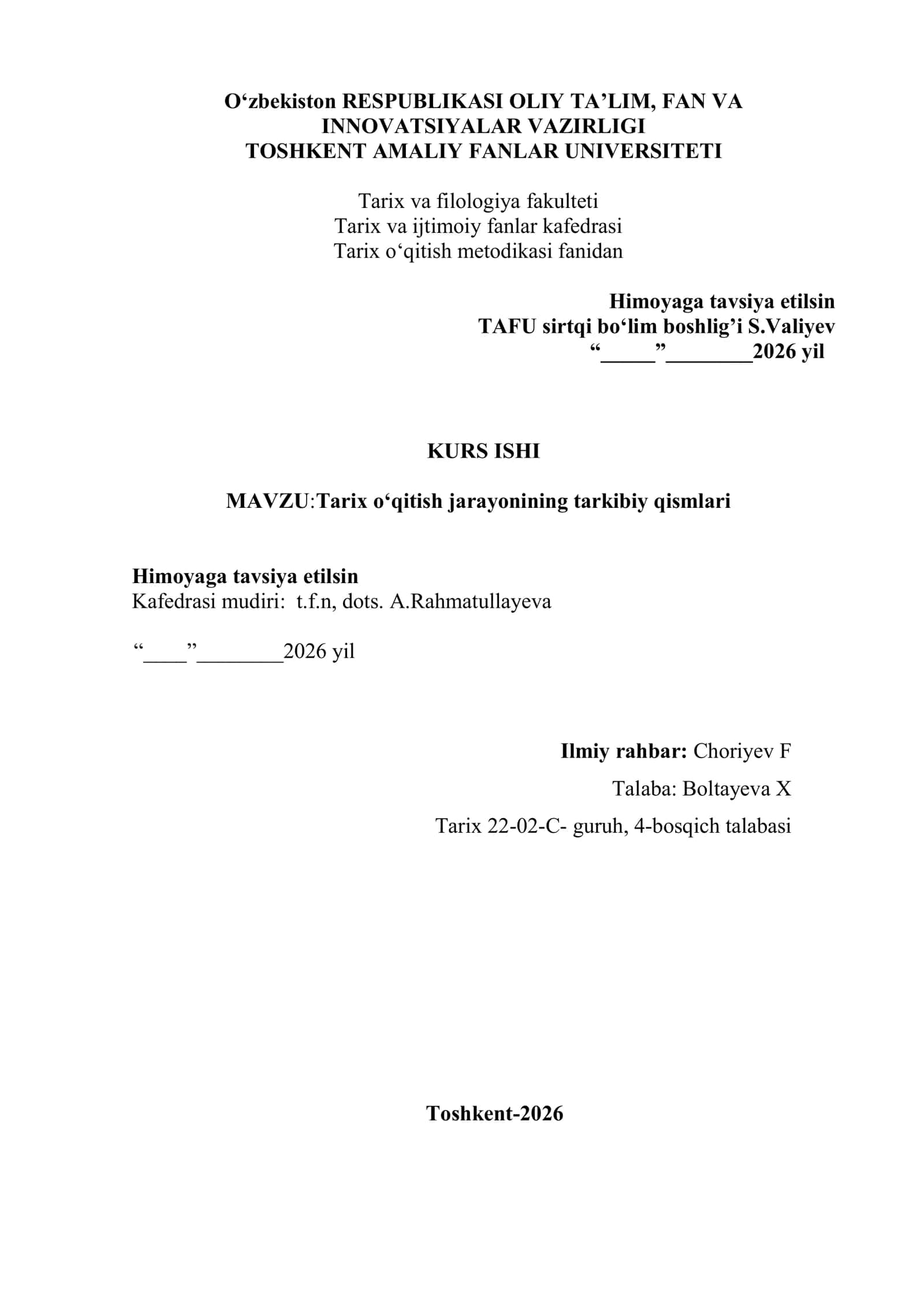 Tarix o‘qitish metodikasi fanidan